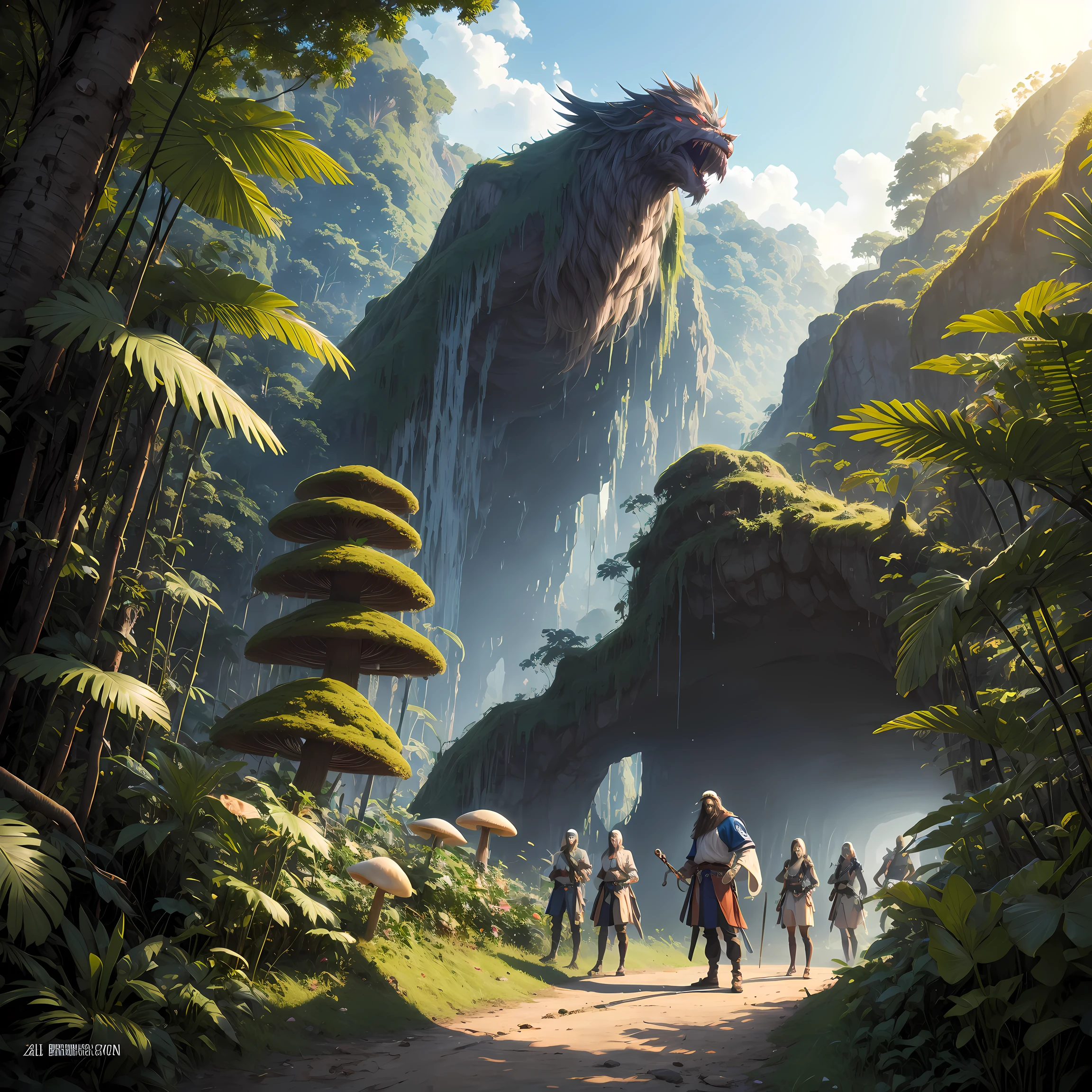 stylish japanese anime digital illustration, Isekai Tensei、Japan Isekai Tensei anime、Guan Yu landed in the jungle of another world、An otherworldly jungle reminiscent of the jungle of Vietnam、Feminized Guan Yu、Niō Standing、Red aura background, Standing with his boastful brunt on the ground。Ground covered with slime、A huge group of mushrooms shining around a tree、Intimidating a group of demonic beasts with his proud supremacy、hyper-sharp image, ultra sharp image, Mkoto shinakai, Akria Toriyama, Ghibri, zelda,