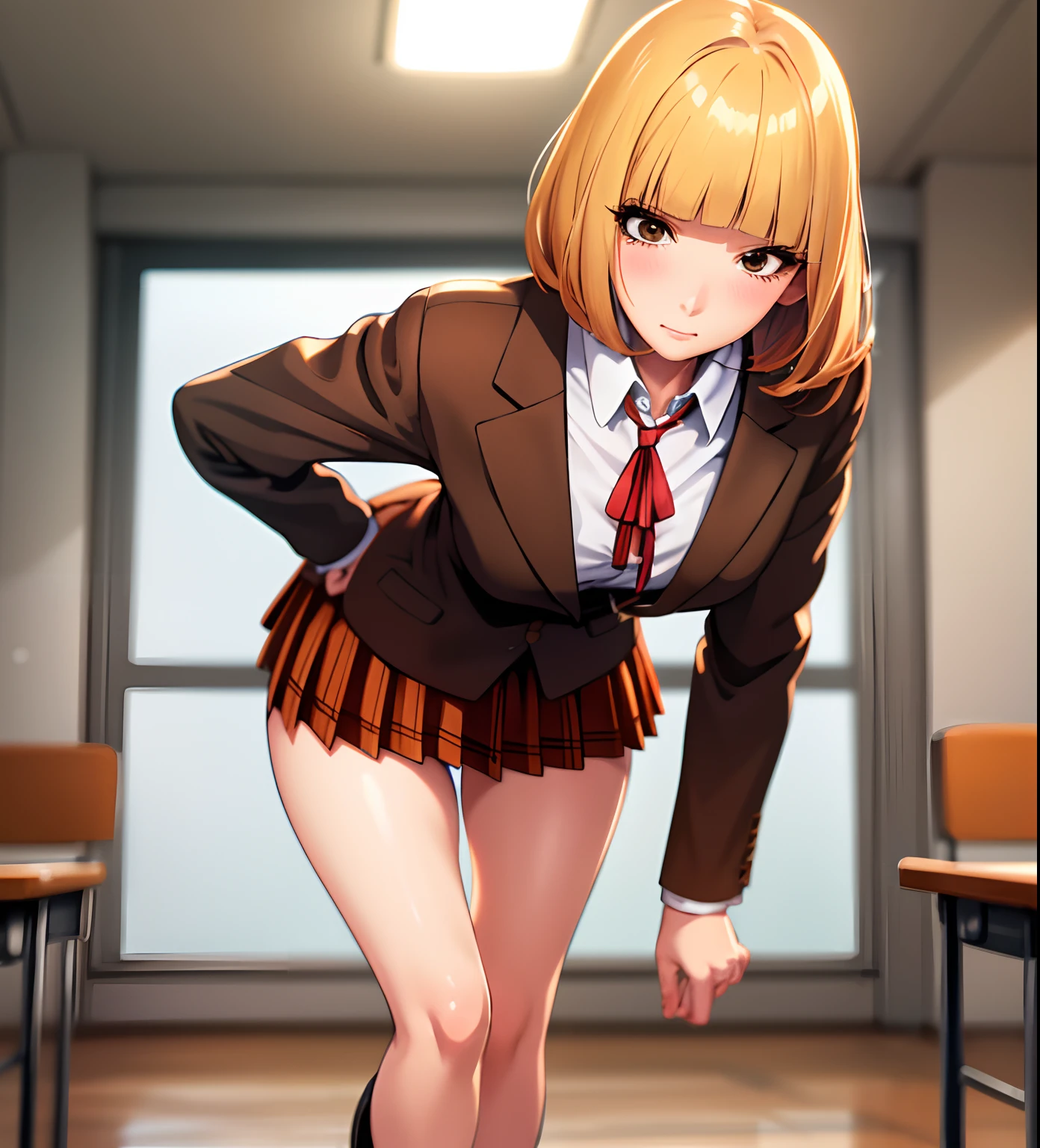 (masterpiece,best quality, detailed), 1girl, solo, classroom, indoors, midorikawa hana, brown jacket, neck ribbon, collared shirt, school uniform, plaid skirt, loafers, squinting, eyelashes, taking off skirt, striped panties, angry, low view
