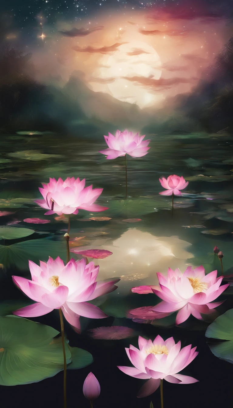 (tmasterpiece,Authentic photography,Concise composition:1.5),the night,Lotus pond moonlight,Beautiful artistic conception,Realisticstyle,Dull tones