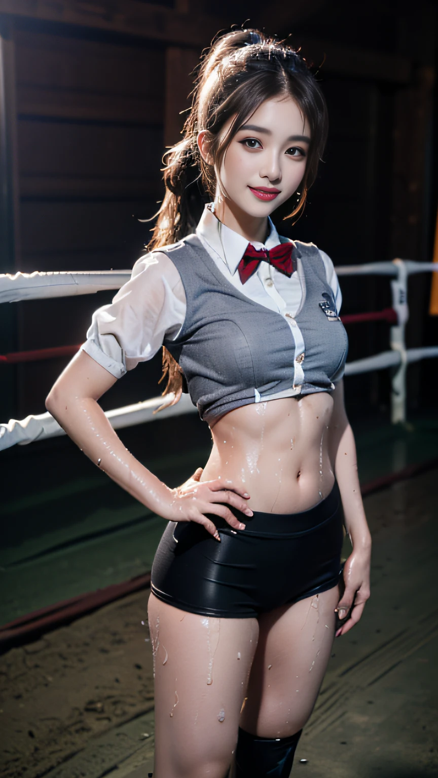 ((tmasterpiece, Top image quality, A high resolution、独奏、small tits、(((Equestrian uniform)))、High-Ponytail hairstyle、no-bra、full body Esbian、A smile、A slight smil、Tekatka skin、glowy skin))、Sweaty face、latina, puberty, full of sweat、red lipsticks、Standing in the ring、独奏、Hands and hips、Navel is visible、((Thigh elevation training))、((Standing in the ring))、(((manly body)))、((Uniforms wet with sweat))、(((See the whole body)))
