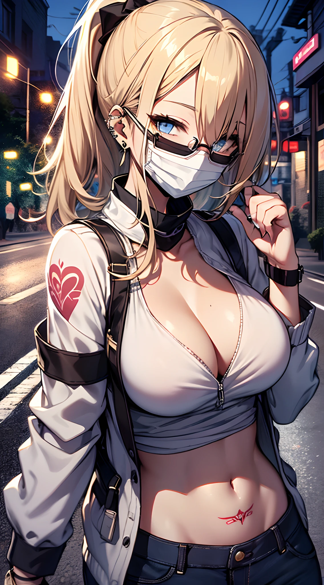 top-quality、Top image quality、masterpiece、((NSFW:1.1))girl with((23years old、White blouse 1.6、shortpants:1.3、Bust 85、a blond、disheveled ponytail、Blue eyes、cleavage of the breast、Happiness、wristband on wrist、eye glass:1.4、Black surgical mask、Ear-piercing))、A slender、hiquality、visualart、Background with((On the street at night))、Tattoo on cleavage、masutepiece、full body1.3、