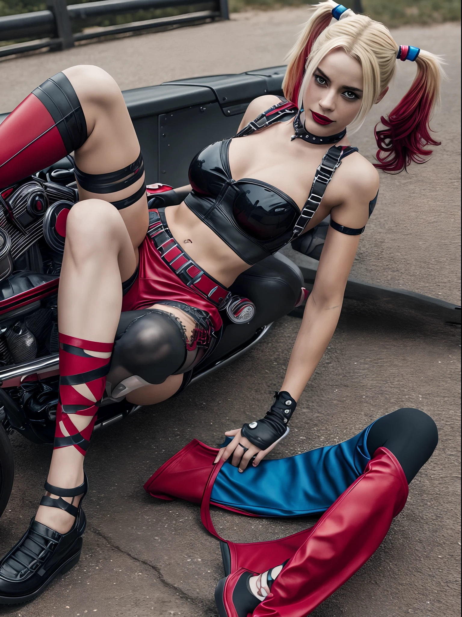 Harley Quinn, topless, Schaukel, legwear, ultra realistisch, Ultra-detailliert