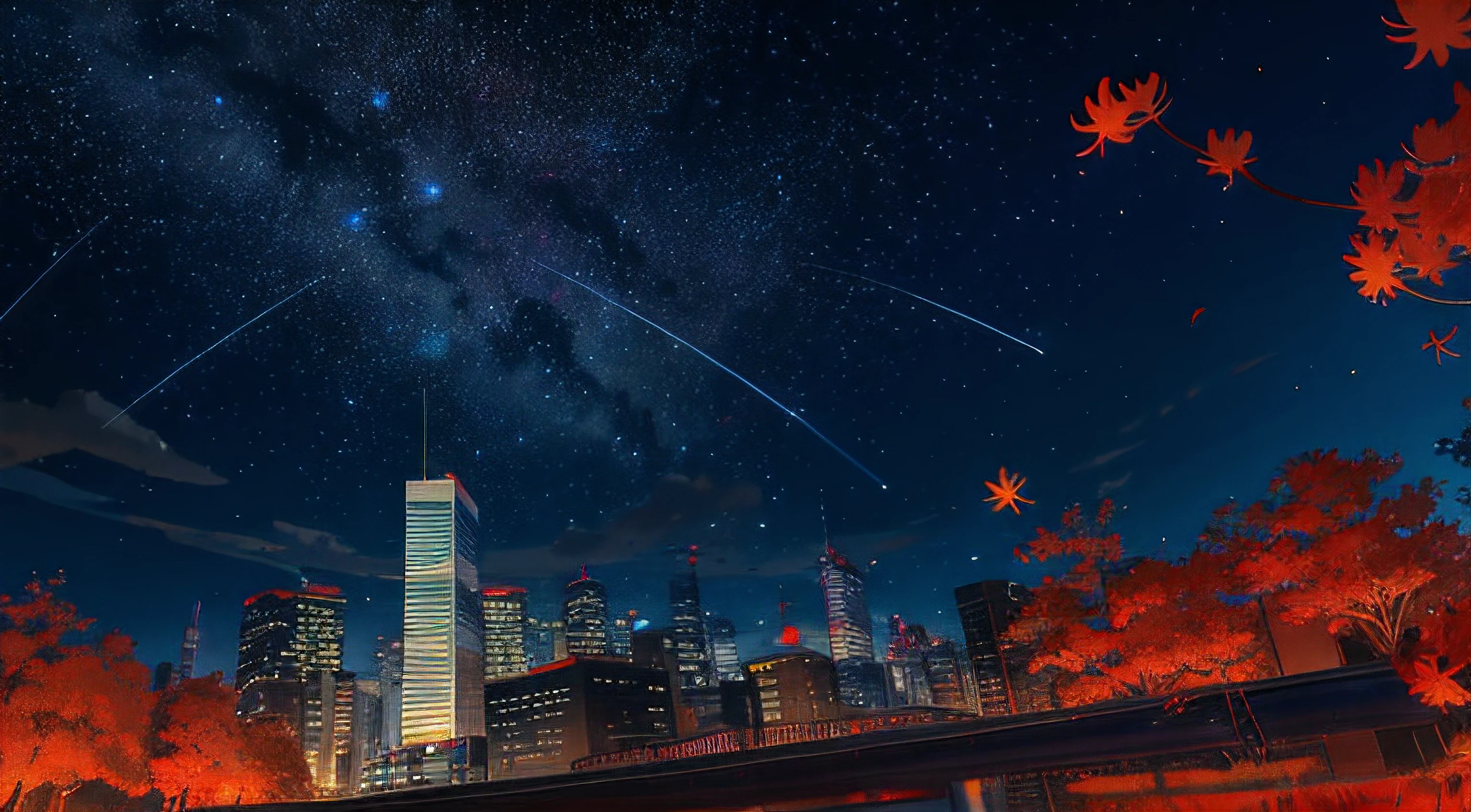 beautiful anime scenery，author：Shinkai sincerely ,  Skyscrapers , Garden , Flowers , Lycoris Radiata , Red Spider Lily , Lycoris ,, Wind , Blue sky , Evening , Sun , floating leaves, autumn . shooting stars in the sky