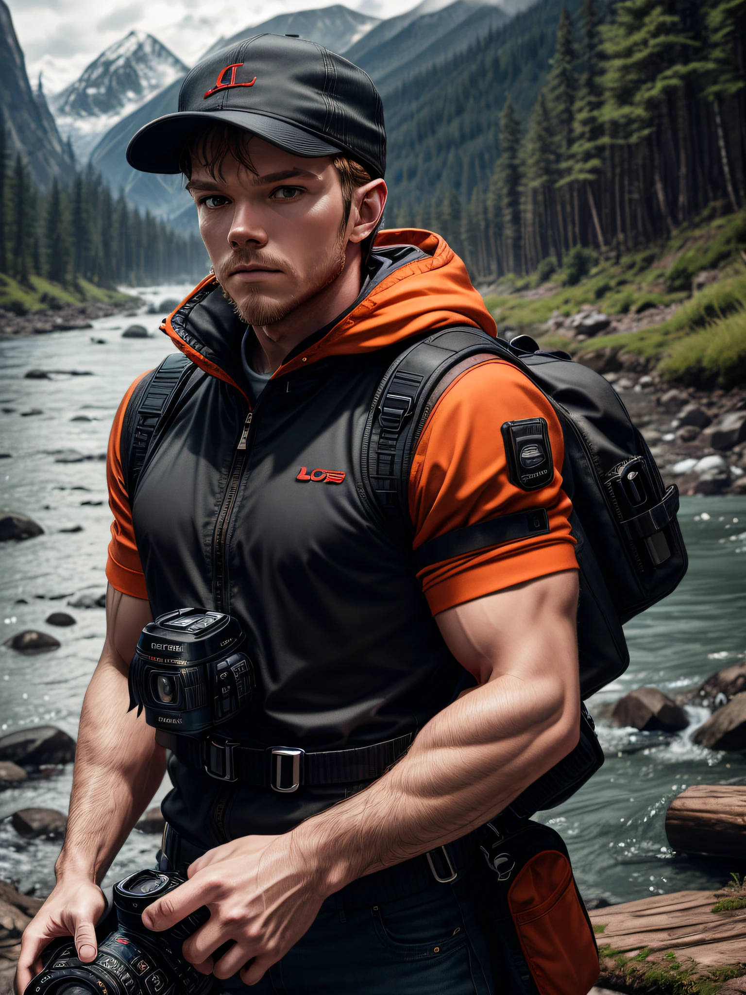(Medium Shot) (((dslr camera on hand))), Muscled, Athletic Male [David Bowie : Chriss Pratt : 0.64] Photographer, red beard, detailed face, red cap, orange jacket, masterpiece, best quality, ultra-detailed, solo, outdoors, tripods, camera bag, 400-600 mm lens, mountains, nature, forest, rocks, river, wood, smoke, shadows, contrast, clear sky, cinematic light, side lighting, ultra-high res, best shadow, RAW, upper body. Lo-key