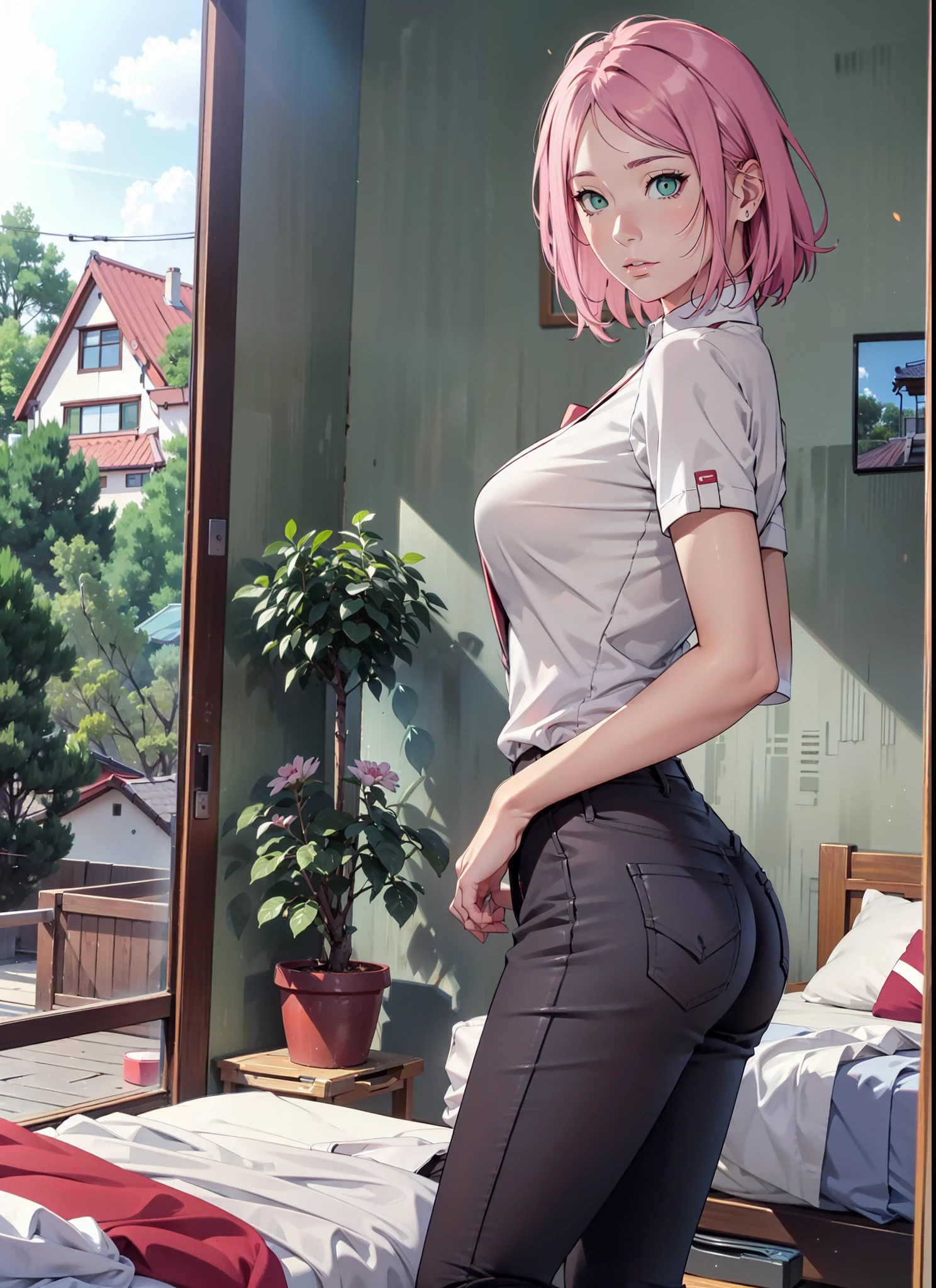 masterpiece, best quality, 1girl, diona, genshin impact, , pink hair, cat ear, dark blue hat, cute, from behind, cat tail, hair draped forward, bed, blush, ass, back, bare back, bare shoulders, completely nude, indoors, lying on bed, pillow, shiny skin, oil, oily, oiled back, semen, semen on upper back