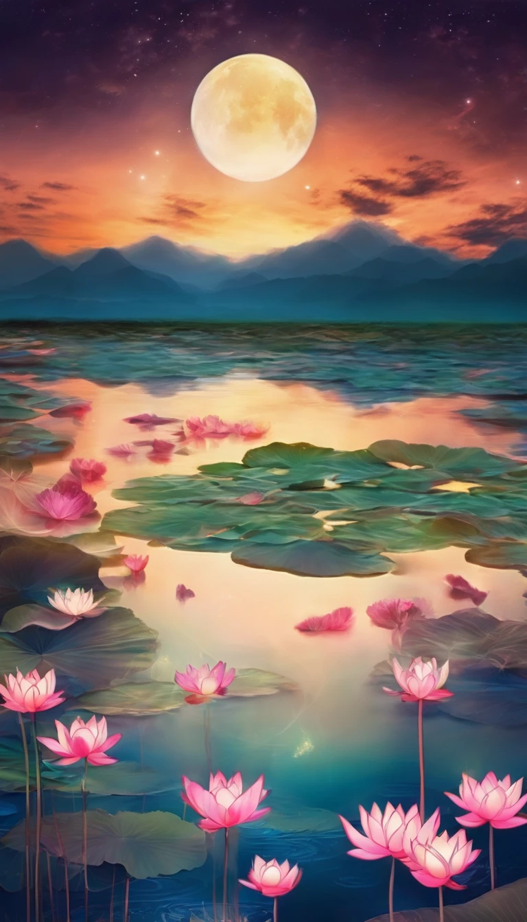 (tmasterpiece，Authentic photography，Concise composition：1.5），the night，Lotus pond moonlight，Beautiful artistic conception，Realisticstyle，Dull tones