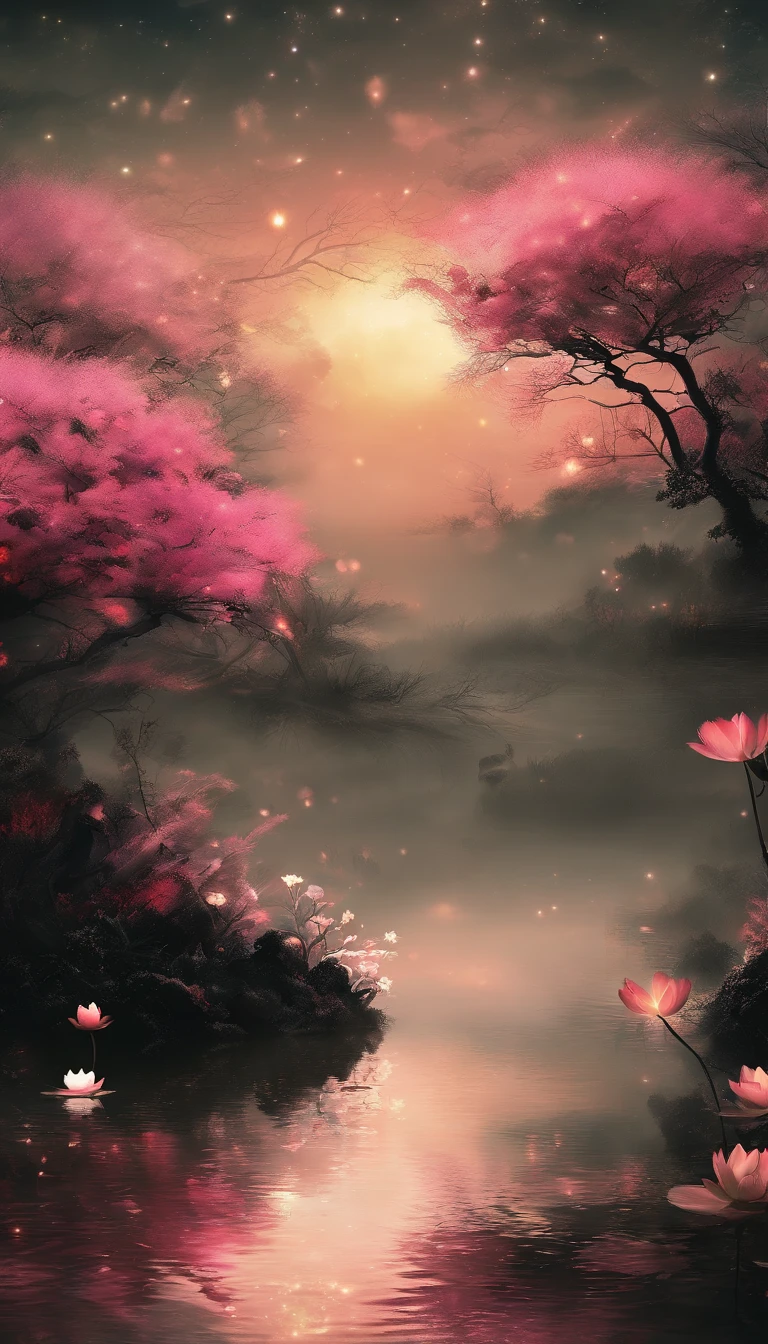 (tmasterpiece，Authentic photography，Concise composition：1.5），the night，Lotus pond moonlight，Beautiful artistic conception，Realisticstyle，Dull tones
