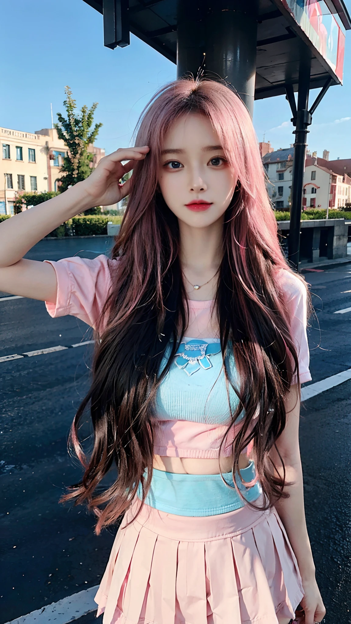Masterpiece, Best quality, 1girl, Loli, hair, Blue eyes, Very long hair, hair flower, pink school uniform, pink Mini skirt, bare stomach, cheerfulness, Amazing, Beautiful detailed eyes, Depth of field, Original, Outdoors, soaking wet, beautiful detailed water, Beautiful detailed sky, fluttered detailed splashs, author, Colorful, hdr, colorful refraction, cinematic lighting, attractive pose,