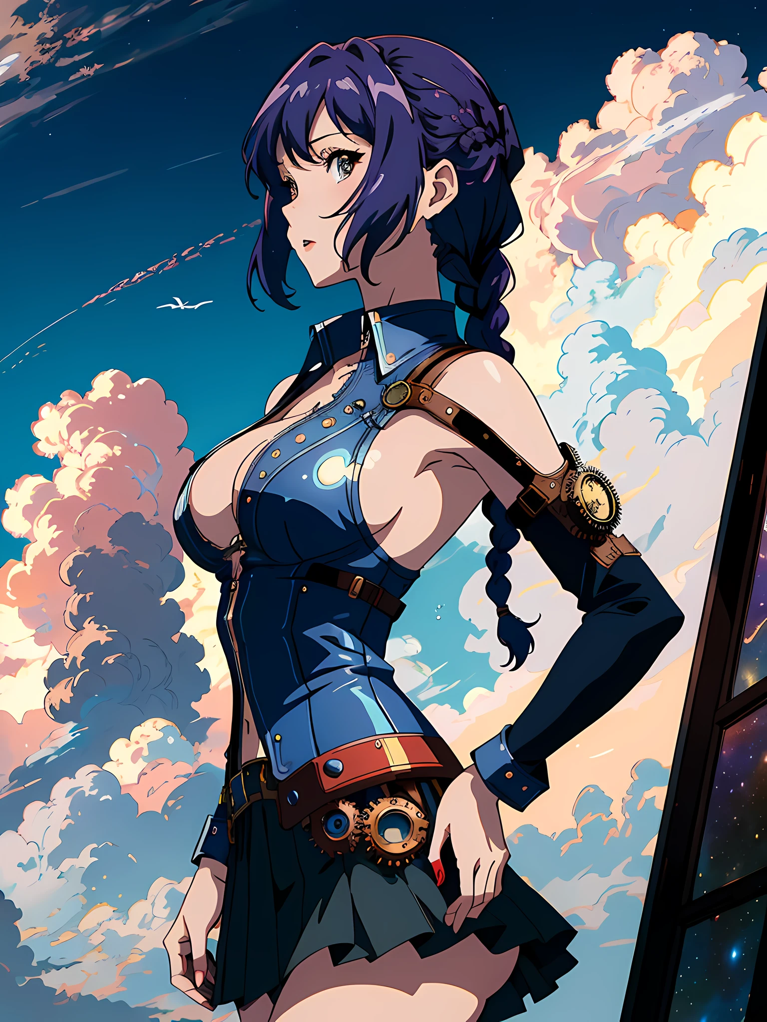 (best quality, masterpiece), official art, illustration, ligne claire, highres, absurdres, ultra-detailed, 8k, (in the air), (above the cloud:1.3), 1girl, blue and violett hair, long hair, braids, steampunk, gears, skirt, colorful steampunk outfit, bare shoulders, cutout above navel, (steampunk city background), cloudy sky, sexy, tight, shadow, reflection, lightred Meteor, half the sky is Milky Way, cel shading, anime coloring, (anime screencap:1.2)