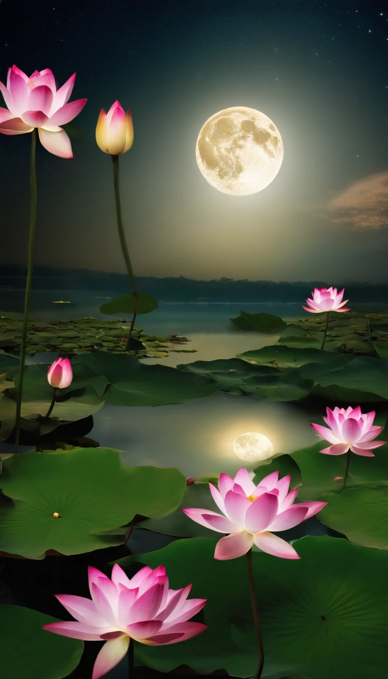 (tmasterpiece,Authentic photography,Concise composition:1.5),the night,Lotus pond moonlight,Beautiful artistic conception