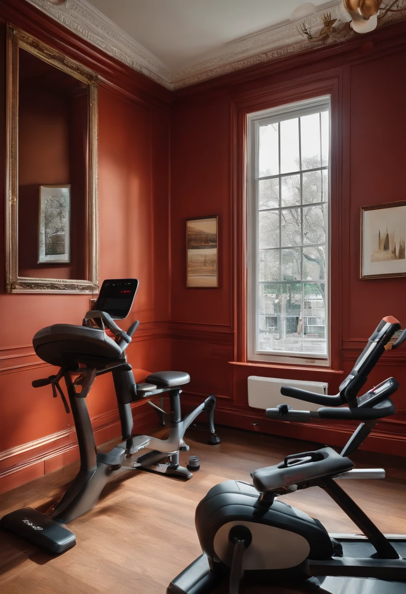 Elegant space，bright，European style wainscoting，There is a variety of fitness equipment，River view from the window