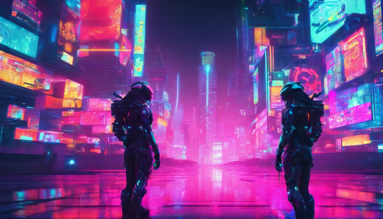 Cyberpunk power armor girl, Neon lights reflection, Technological enhancements, Futuristic city backdrop, Mechanical details, Cyberpunk Futurism, Mechanical Fantasy, Yoshitoshi ABe, Cyberpunk Power Armor Girl, Neon Cyber City, High-tech warrior, Action pose, Neon city backdrop, neon light, glitchy light, holographic light