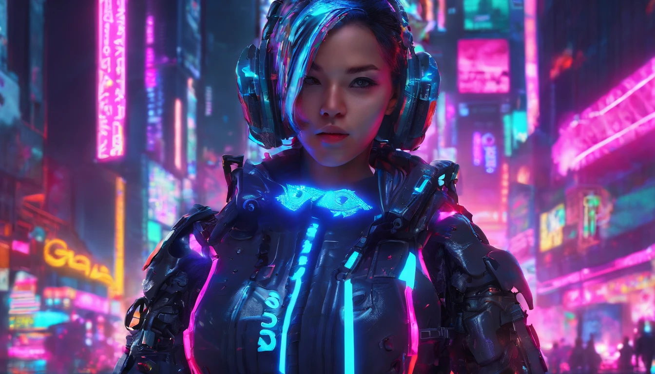 Cyberpunk power armor girl, Neon lights reflection, Technological enhancements, Futuristic city backdrop, Mechanical details, Cyberpunk Futurism, Mechanical Fantasy, Yoshitoshi ABe, Cyberpunk Power Armor Girl, Neon Cyber City, High-tech warrior, Action pose, Neon city backdrop, neon light, glitchy light, holographic light