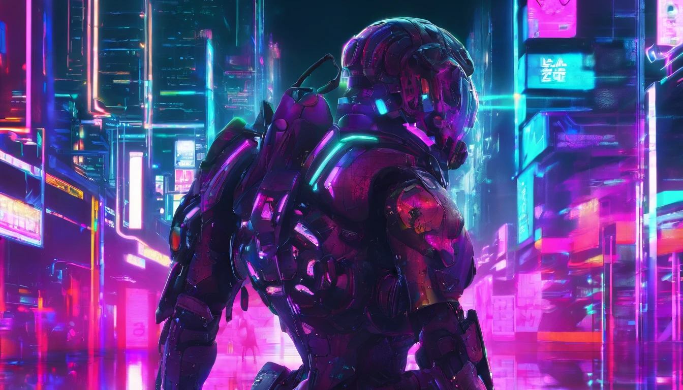Cyberpunk power armor girl, Neon lights reflection, Technological enhancements, Futuristic city backdrop, Mechanical details, Cyberpunk Futurism, Mechanical Fantasy, Yoshitoshi ABe, Cyberpunk Power Armor Girl, Neon Cyber City, High-tech warrior, Action pose, Neon city backdrop, neon light, glitchy light, holographic light