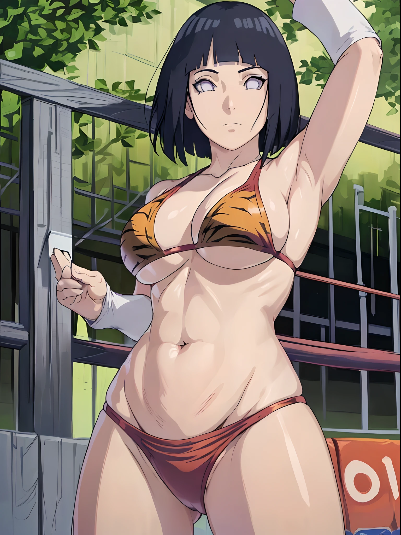 (ultra detailed body, ultra detailed face), ((solo)), anime style, hires, ((pro wrestling arena, pro wrestling match, crowd watching)), (hinata\(boruto\), (female wrestler), (slender body, broad shoulders, shaved armpit), mature woman, milf, (tigress, bikini, ultra detailed pro wrestling gear, armbands), victorious, gorgeous, winner, confident face, closed mouth, (pale skin, shiny skin, lighting and shadow), (dark blue hair color:1.1), wavy hair, ((short hair, hime cut, floating hair), big breasts, ((warming up)), (long belly), (closed fists), seductive, (perfect eyes, white sciera, bright eyes, white eyes, anime eyes, looking at the viewer)