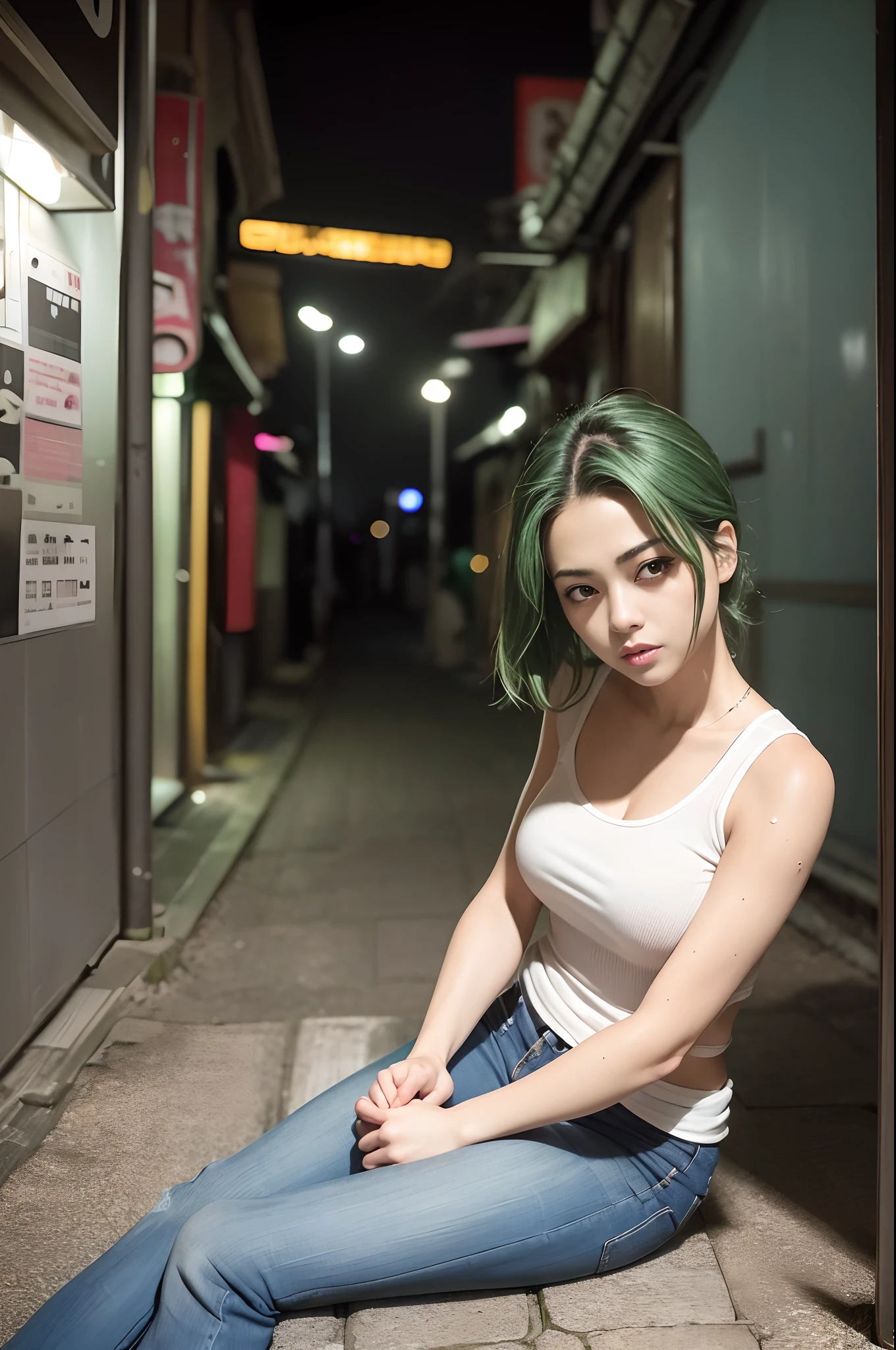 Cinematographic debut, Ultra realista, RAW Camera, Beautiful woman, cabelo ruivo , wet lips, sexy position , olhos verdes , sardas no rosto , ripped jeans , mini blusa molhada , tudo detalhado , muito detalhado, fundo ruas de Tokyo , noite , wet floor , luzes noturnas , suburb of Tokyo, 8k