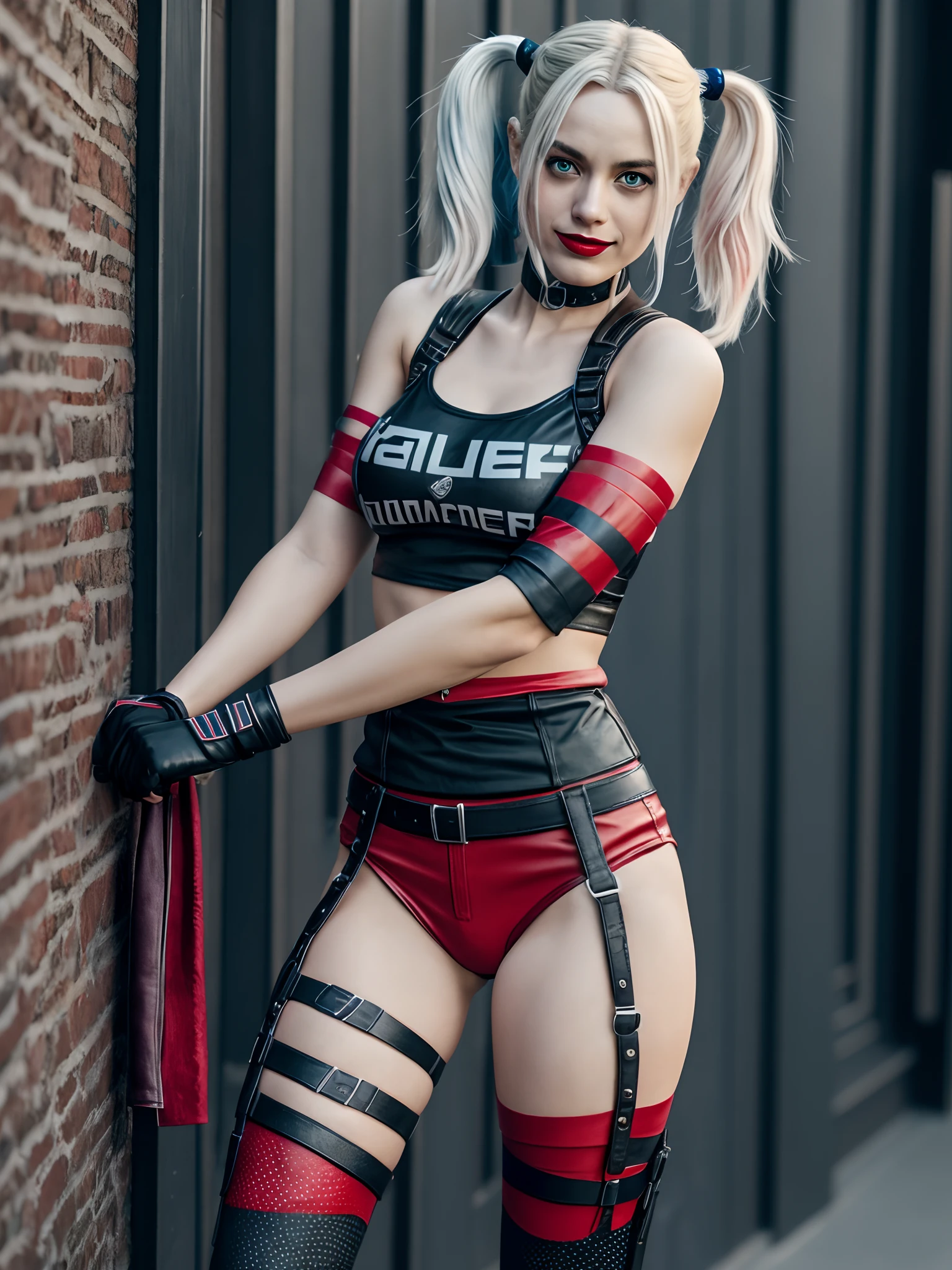 Harley Quinn, (((topless))), auf einer Schaukel, legwear, ultra realistisch, ultra-detailliert
