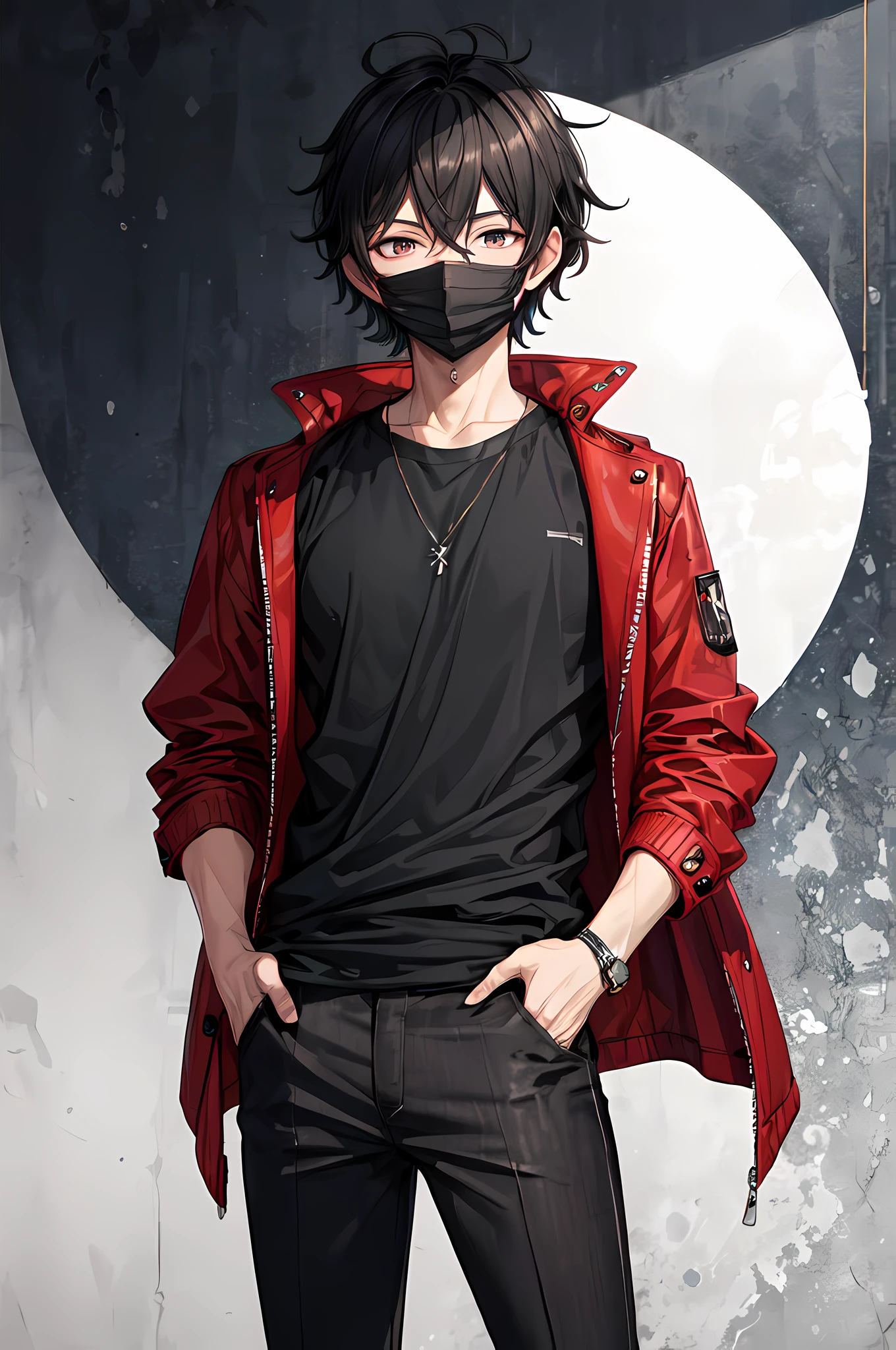 (best quality),(masterpiece),(original),extremely detailed wallpaper,looking at viewer,1boy,male,male focus,solo,black hair,messy hair,black t shirt,black pants,standing,open jacket,red striped jacket, black plural mask,