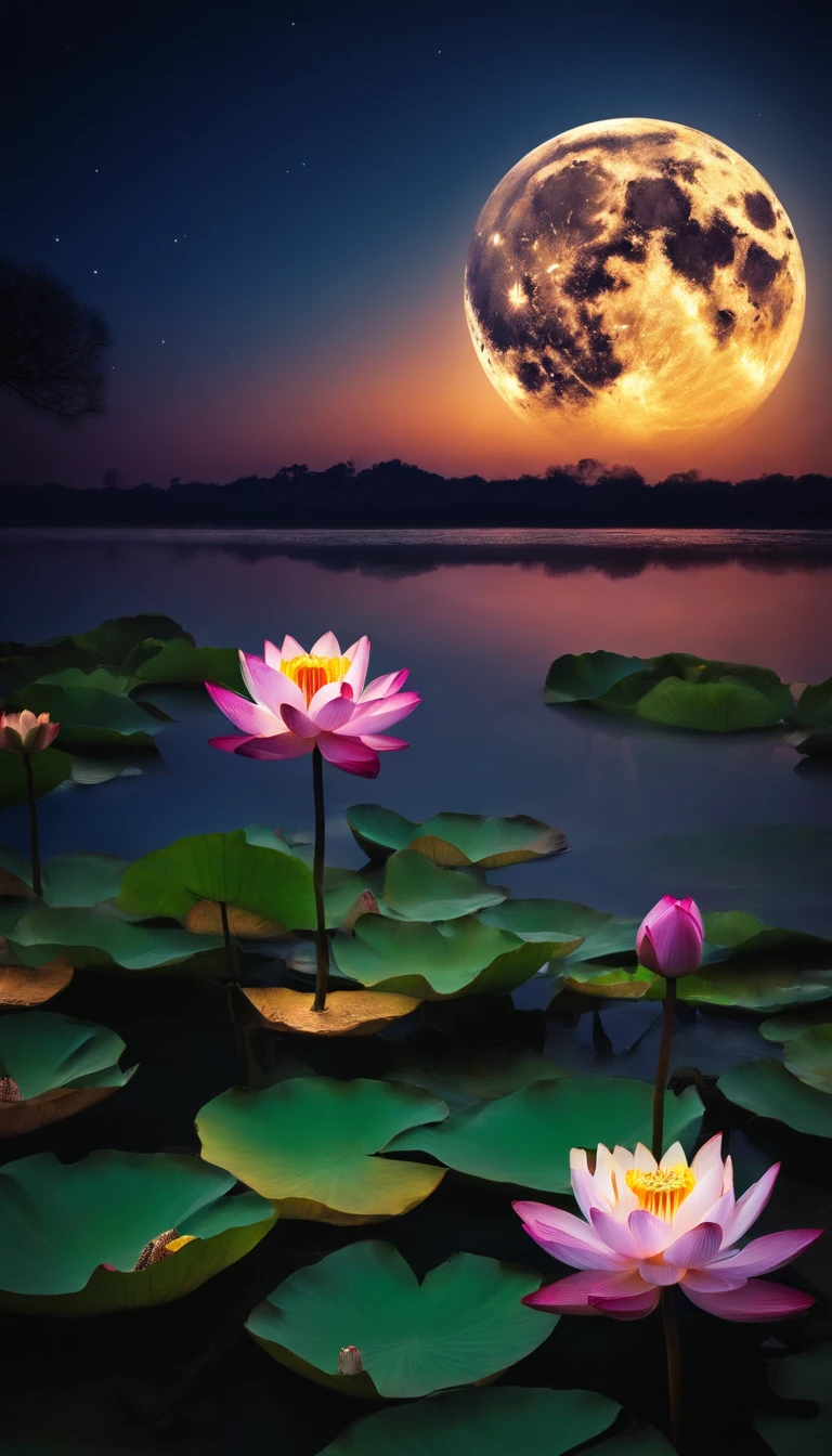 (tmasterpiece,Authentic photography,Concise composition:1.5),the night,Lotus pond moonlight,Beautiful artistic conception