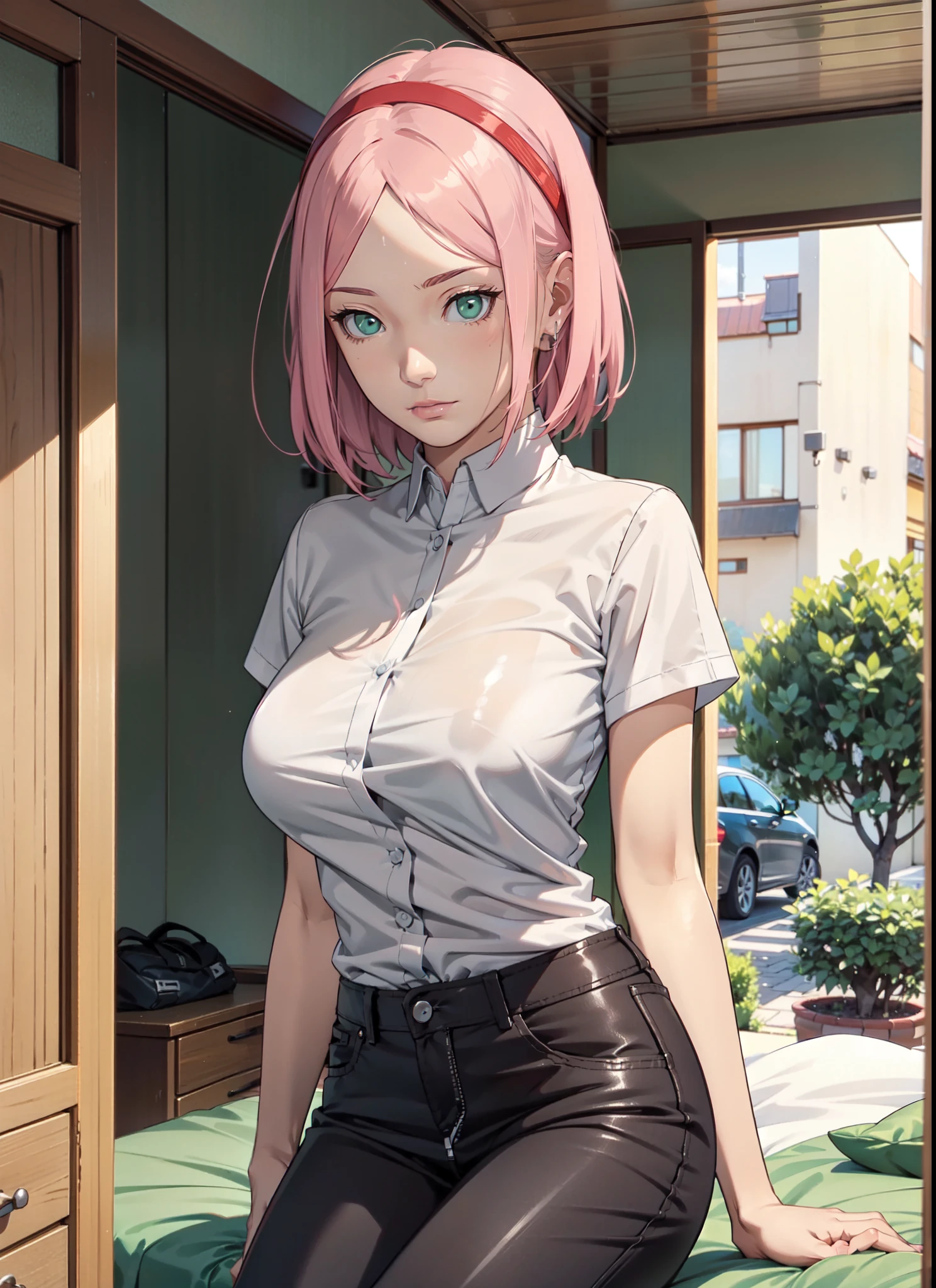 1人,sexy body,perfect body,sehr enge kleidung,zeigt viel haut,sexy kleidung,,Breasts peep out,stehend im garten,nahaufnahme,arms behind back,sakura haruno,rotes Harrband, ((white shirt)),black jeans,hot, big breasts, front view, sitting, bedroom, sit on bed
