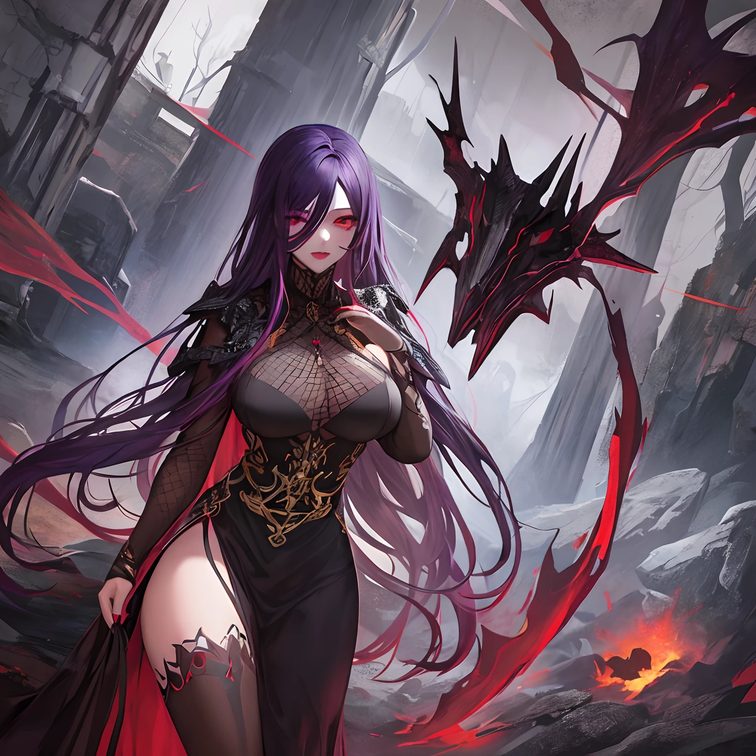 Woman, long dark purple hair, red eyes with a bright light, black long open dress, witch, silver jewelry in the shape of ribs, metal mask on half of the face, black lipstick