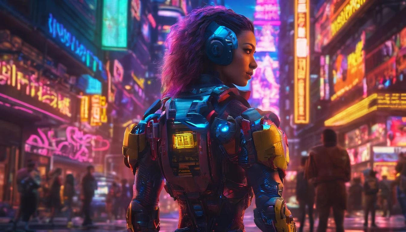 Cyberpunk power armor girl, Neon lights reflection, Technological enhancements, Futuristic city backdrop, Mechanical details, Cyberpunk Futurism, Mechanical Fantasy, Yoshitoshi ABe, Cyberpunk Power Armor Girl, Neon Cyber City, High-tech warrior, Action pose, Neon city backdrop, neon light, glitchy light, holographic light