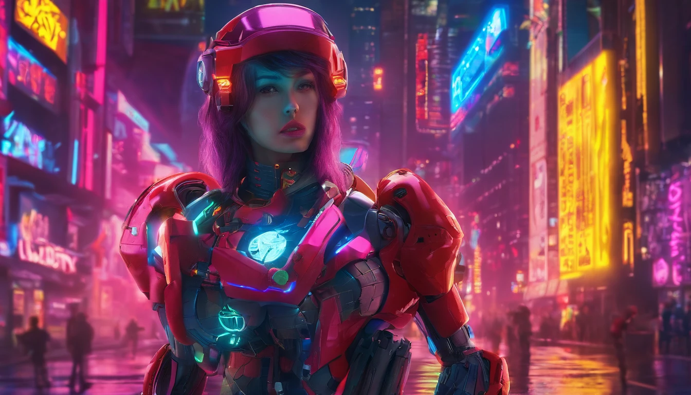 Cyberpunk power armor girl, Neon lights reflection, Technological enhancements, Futuristic city backdrop, Mechanical details, Cyberpunk Futurism, Mechanical Fantasy, Yoshitoshi ABe, Cyberpunk Power Armor Girl, Neon Cyber City, High-tech warrior, Action pose, Neon city backdrop, neon light, glitchy light, holographic light