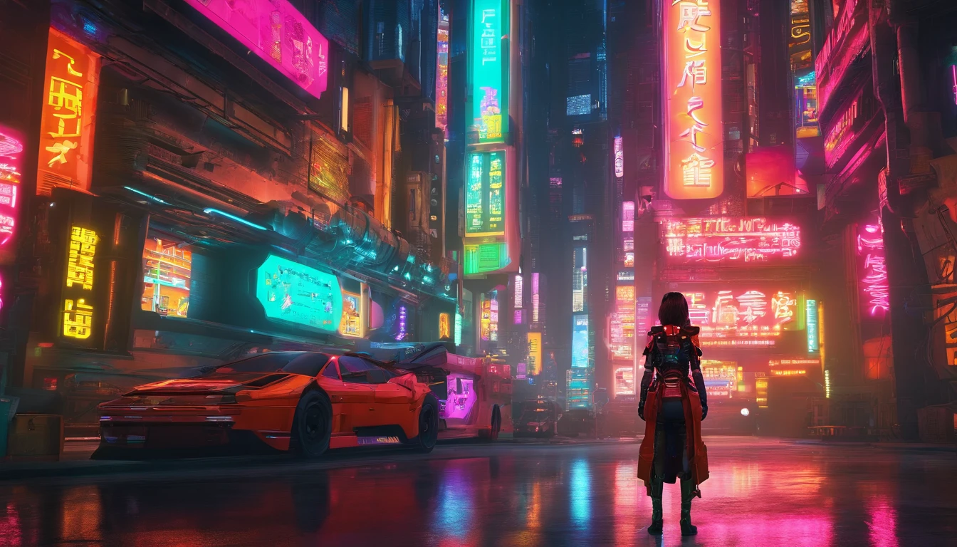 Cyberpunk power armor girl, Neon lights reflection, Technological enhancements, Futuristic city backdrop, Mechanical details, Cyberpunk Futurism, Mechanical Fantasy, Yoshitoshi ABe, Cyberpunk Power Armor Girl, Neon Cyber City, High-tech warrior, Action pose, Neon city backdrop, neon light, glitchy light, holographic light