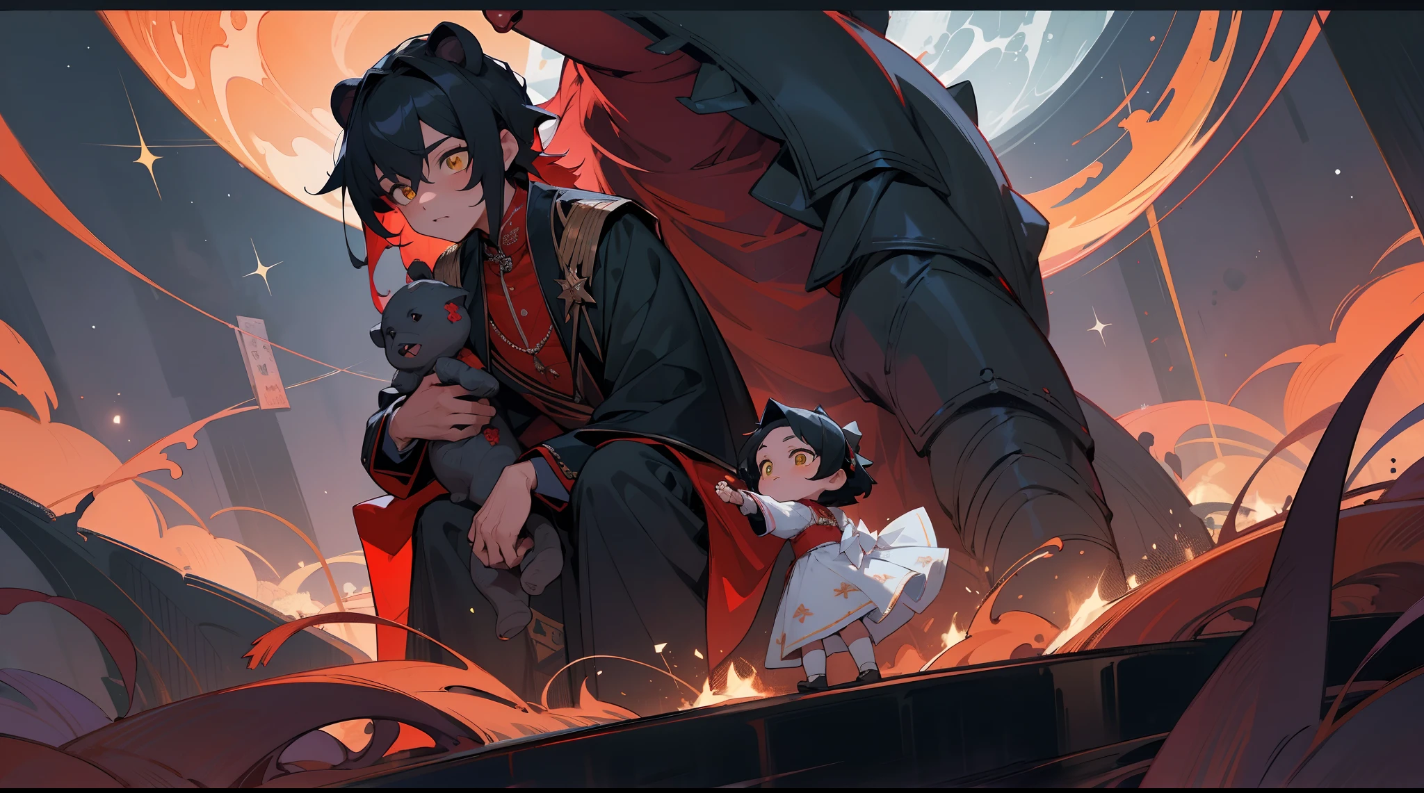 tmasterpiece,Best quality at best,highly details, Ultra-detailed 8K, 超高分辨率,One adult and one child,(Children 6 years old,red color eyes,Red long-haired,Blue and white Lolita long dress,holding a bear doll),,(A 24-year-old adult male,short detailed hair,Black color hair,Yellow eyes,black uniforms,Butler costume,deacon),kosmos,starlights,Huge algae,Cthulhu,tentaculata,starrysky,black hole,Bask in starlight,perfect compositions,Black and red background,