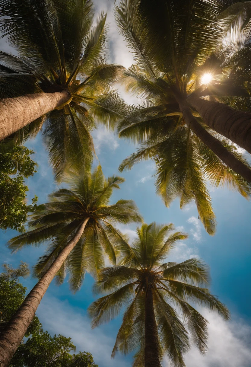 2 Coconut trees seen from below in low dive. Couchant de soleil. very realistic; Objectifs: filmed with a 16mm; Sony A7r IV