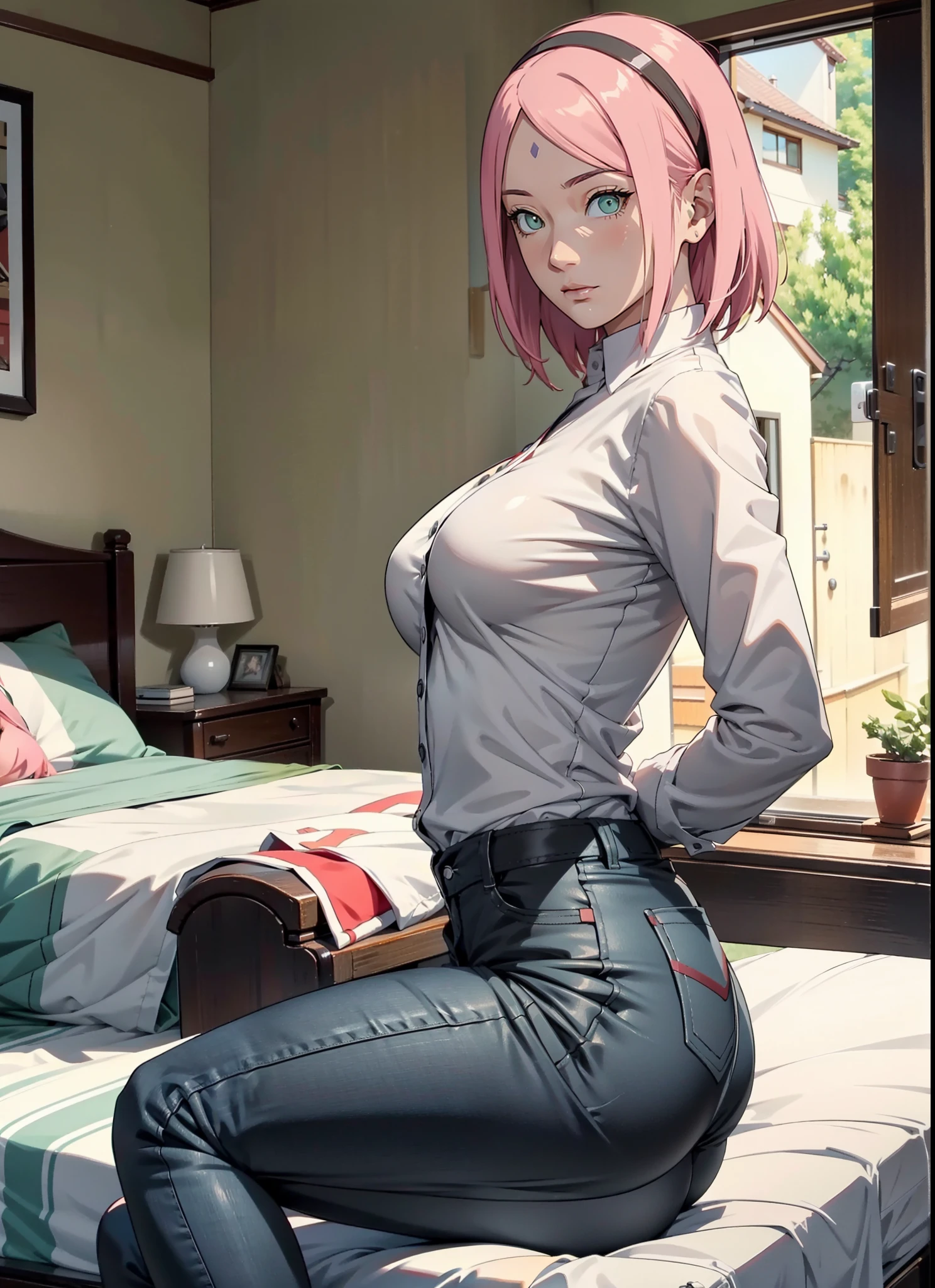 女の子1人,sexy body,perfect body,sehr enge kleidung,zeigt viel haut,sexy kleidung,,Breasts peep out,stehend im garten,nahaufnahme,arms behind back,sakura haruno,rotes Harrband, ((white shirt)),black jeans,hot, big breasts, front view, sitting, bedroom, sit on bed