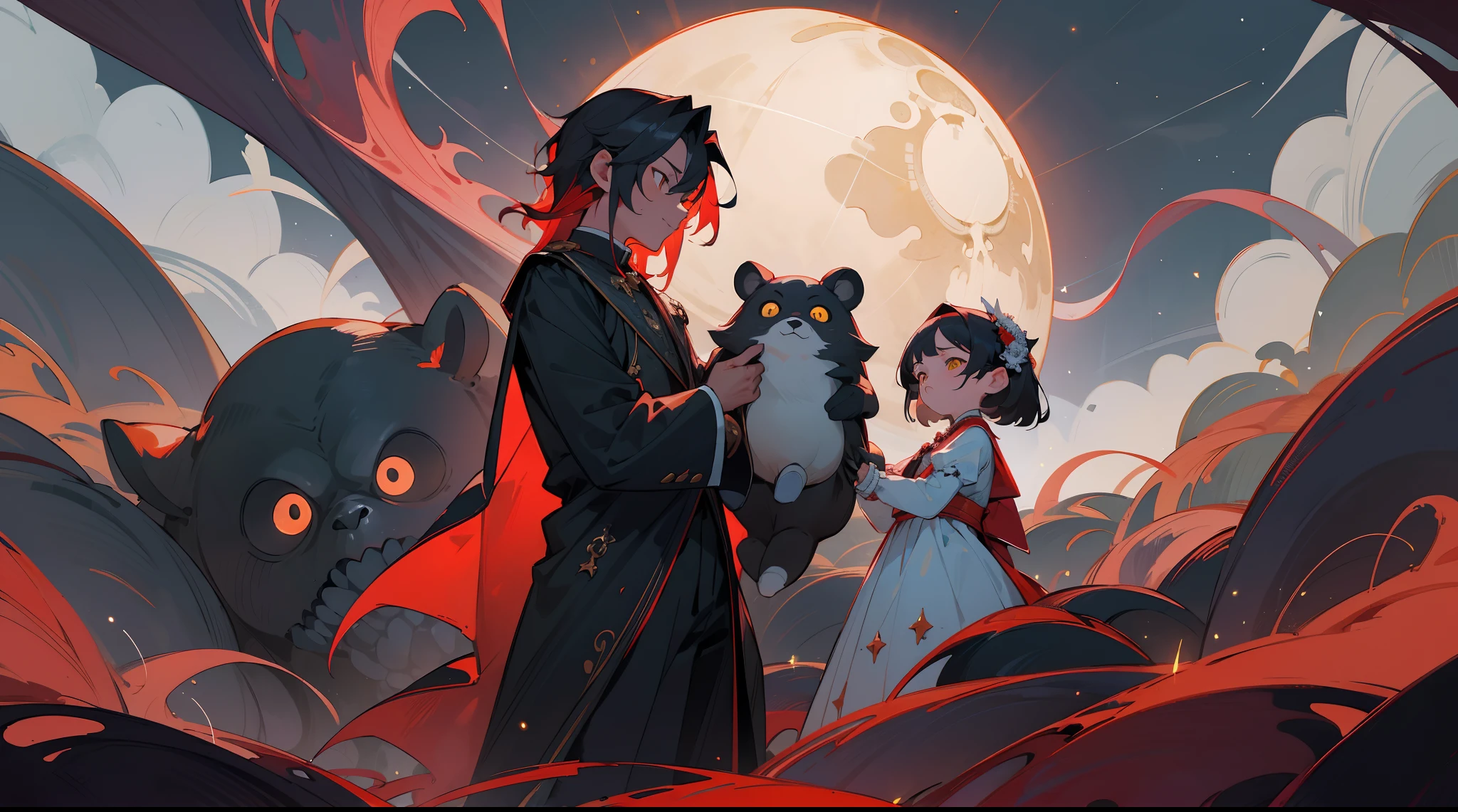 tmasterpiece，Best quality at best，highly details, Ultra-detailed 8K， 超高分辨率，One adult and one child，（Children 6 years old，red color eyes，Red long-haired，Blue and white Lolita long dress，holding a bear doll），，（A 24-year-old adult male，short detailed hair，Black color hair，Yellow eyes，black uniforms，Butler costume，deacon），kosmos，starlights，Huge algae，Cthulhu，tentaculata，starrysky，black hole，Bask in starlight，perfect compositions，Black and red background，