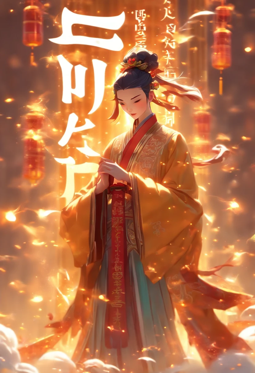 1boys,Young scholars of ancient China，Holding a golden brush，Writing is in full swing，(Transparent glowing kanji hovering in midair:2)，（Plain text background：2），Vertical text，glittery，Scholar in blue robes，Long flowing hair flutters in the wind，16k, hyper HD, high resolution, Very detailed, Best image quality,dynamicposes，(20 columns of Chinese characters:2)，arranged in an orderly fashion
