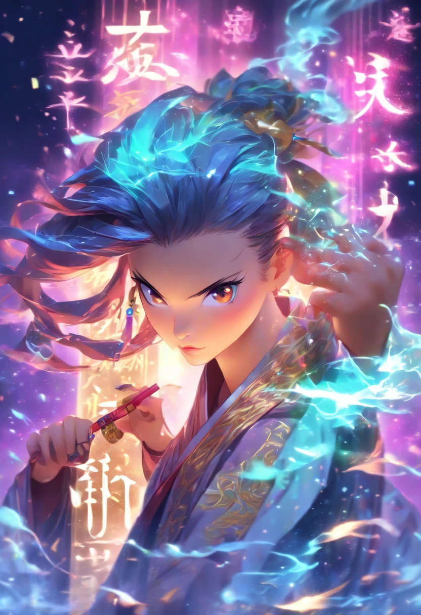 1boys,Young scholars of ancient China,Holding a golden brush,Writing is in full swing,(Transparent glowing kanji hovering in midair:2),(Plain text background:2),Vertical text,glittery,Scholar in blue robes,Long flowing hair flutters in the wind,16k, hyper HD, high resolution, Very detailed, Best image quality,dynamicposes,(20 columns of Chinese characters:2),arranged in an orderly fashion