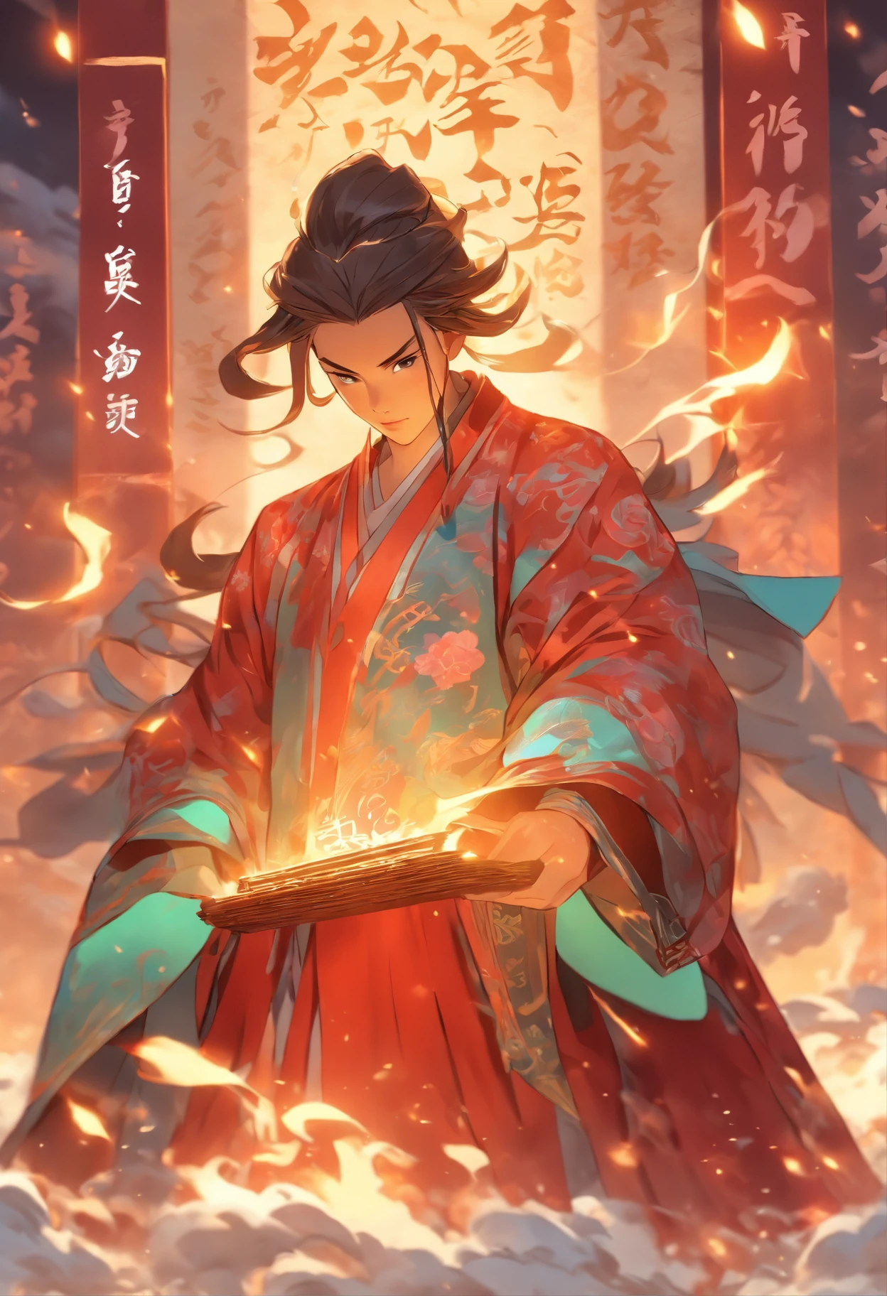 1boys,Young scholars of ancient China,(Hold a transparent glowing scroll:1.5),(Transparent glowing kanji hovering in midair:1.5),(Plain text background:1.5),Vertical text,glittery,Scholar in blue robes,Long flowing hair flutters in the wind,16k, hyper HD, high resolution, Very detailed, Best image quality,dynamicposes,(20 columns of Chinese characters:1.5),arranged in an orderly fashion