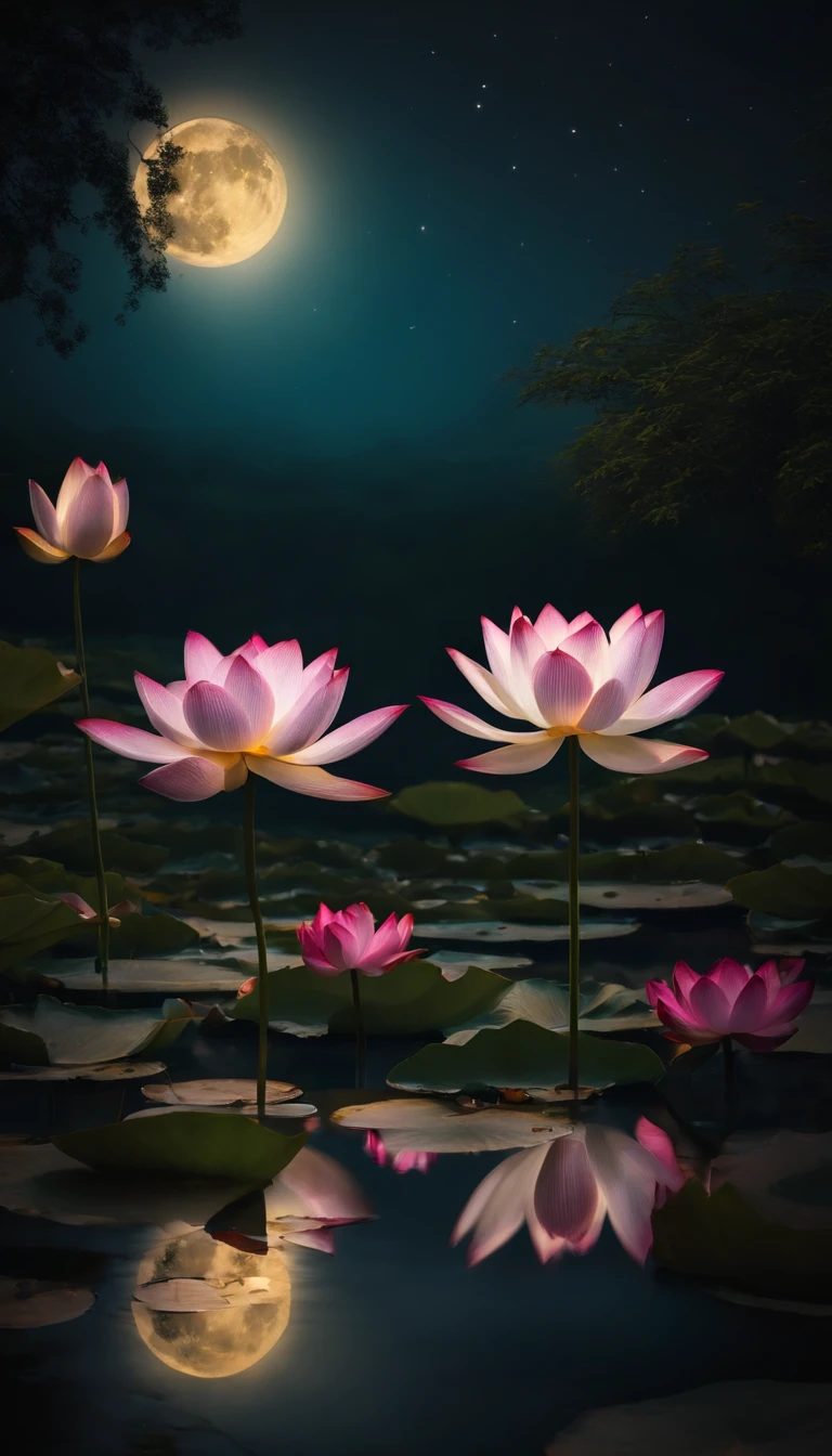 (tmasterpiece,Authentic photography,Concise composition:1.5),the night,Lotus pond moonlight,Beautiful artistic conception