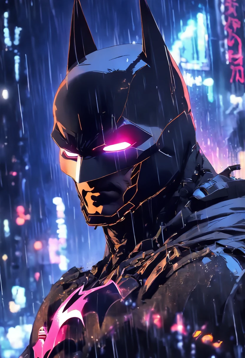 batman Arkham knight in the rain with a glowing helmet, Raiden metal gear, metal gear solid anime cyberpunk, cyberpunk 2077 Ross draws, trending on Artstationh, Woytek fuse, metal gear solid concept art, metal gear solid art style, metal gear style, [ trending on GSociety]!!, Raiden from metal gear rising