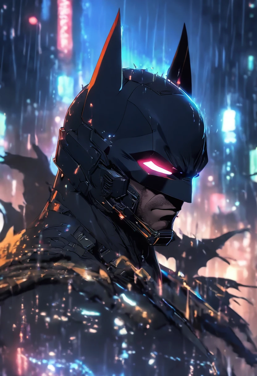 batman Arkham knight in the rain with a glowing helmet, Raiden metal gear, metal gear solid anime cyberpunk, cyberpunk 2077 Ross draws, trending on Artstationh, Woytek fuse, metal gear solid concept art, metal gear solid art style, metal gear style, [ trending on GSociety]!!, Raiden from metal gear rising