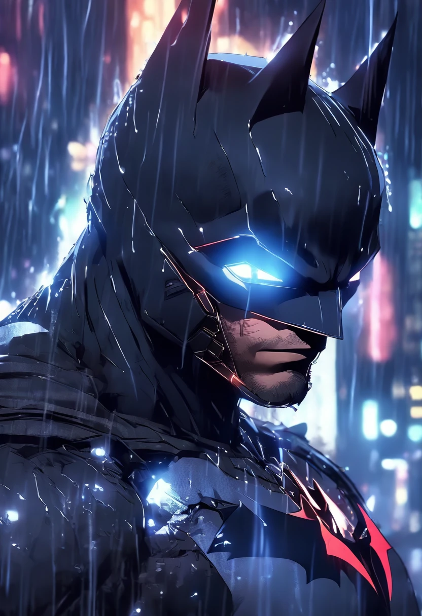 batman Arkham knight in the rain with a glowing helmet, Raiden metal gear, metal gear solid anime cyberpunk, cyberpunk 2077 Ross draws, trending on Artstationh, Woytek fuse, metal gear solid concept art, metal gear solid art style, metal gear style, [ trending on GSociety]!!, Raiden from metal gear rising