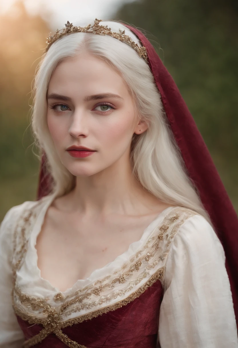 (((a deep reddish wound crosses her left cheek))) fair complexion, woman around 19 years old, natural white hair, distinctive green eyes, wearing kohl, slender and graceful, beautiful, candlelight in a medieval setting, ultra sharp focus, realistic shot, medieval female clothes, tetradic colors (scar:1.4)