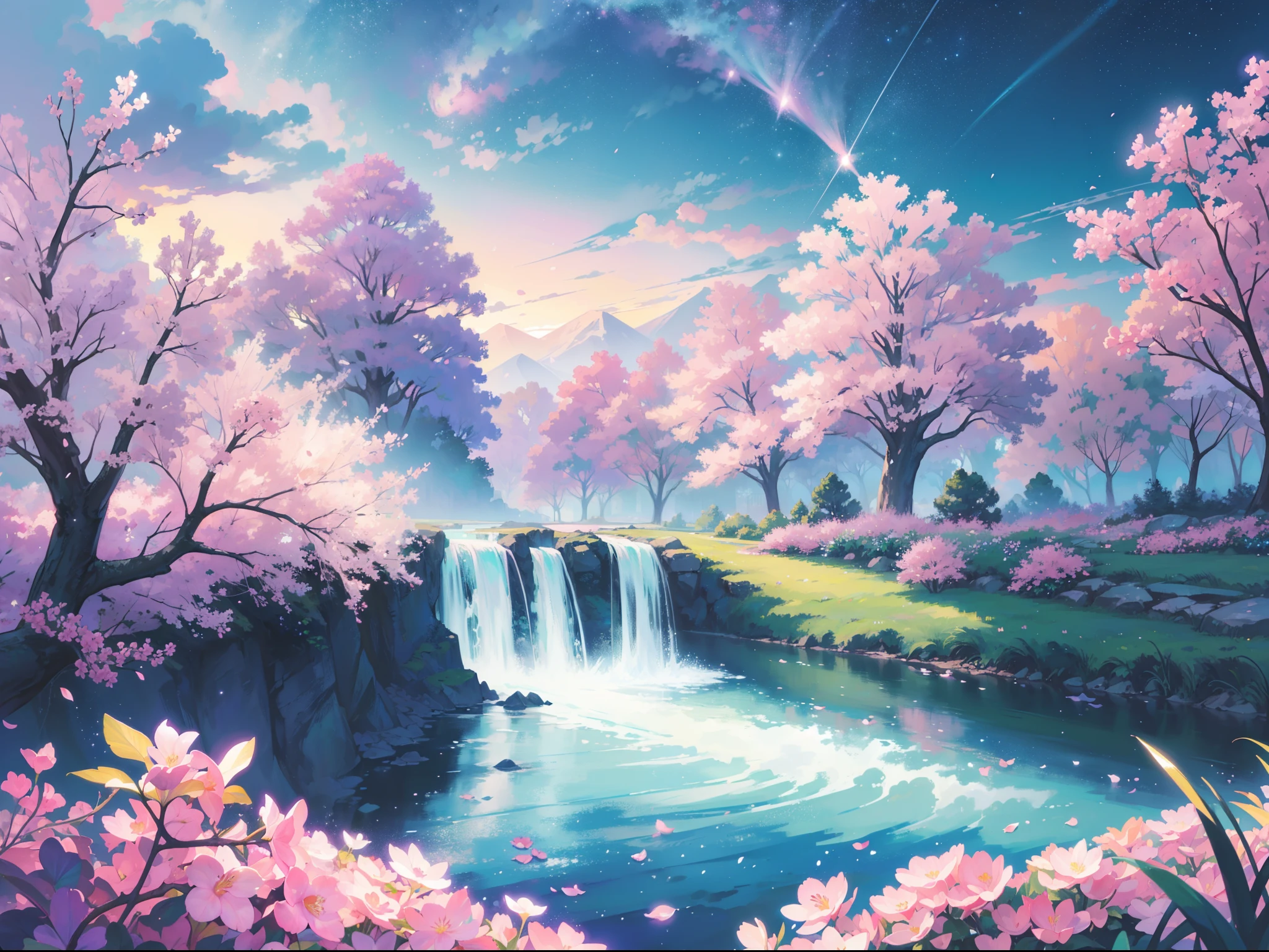 (Magical pretty night sky green stream overlay scene), (skyporn), (Clouds), Soft lighting, clean back ground, Beautiful scenery, masutepiece, High quality, Beautiful graphics, high detailing, Epic Landscapes, garden, Flowers, Clouds, (Night starry sky, River behind, Huge old tree behind, Pink petals that shine on the back fall)