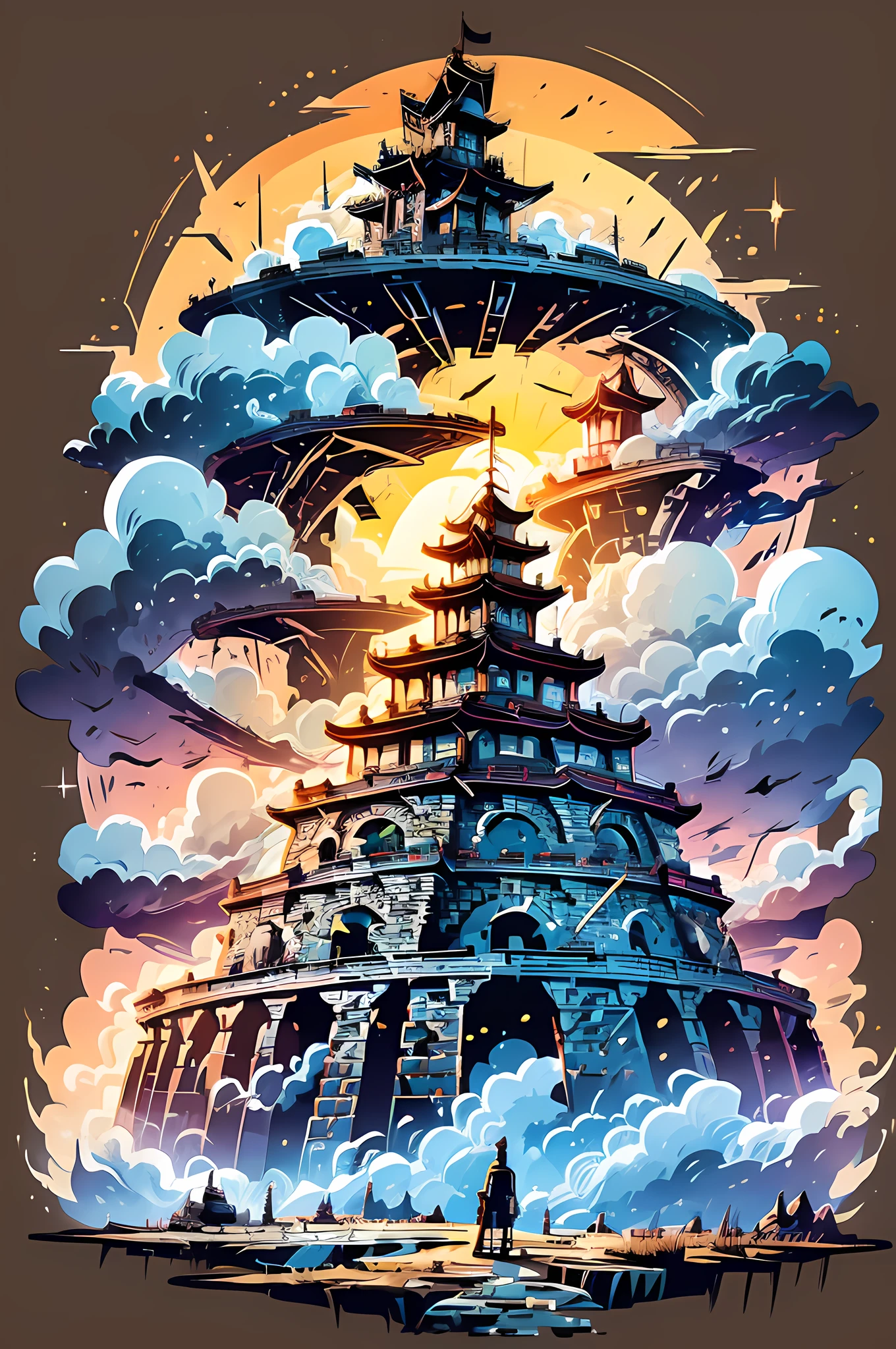 Depict a time-traveling adventure with characters from different time periods meeting in a surreal, time-bending landscape. T-shirt design, design for tshirt