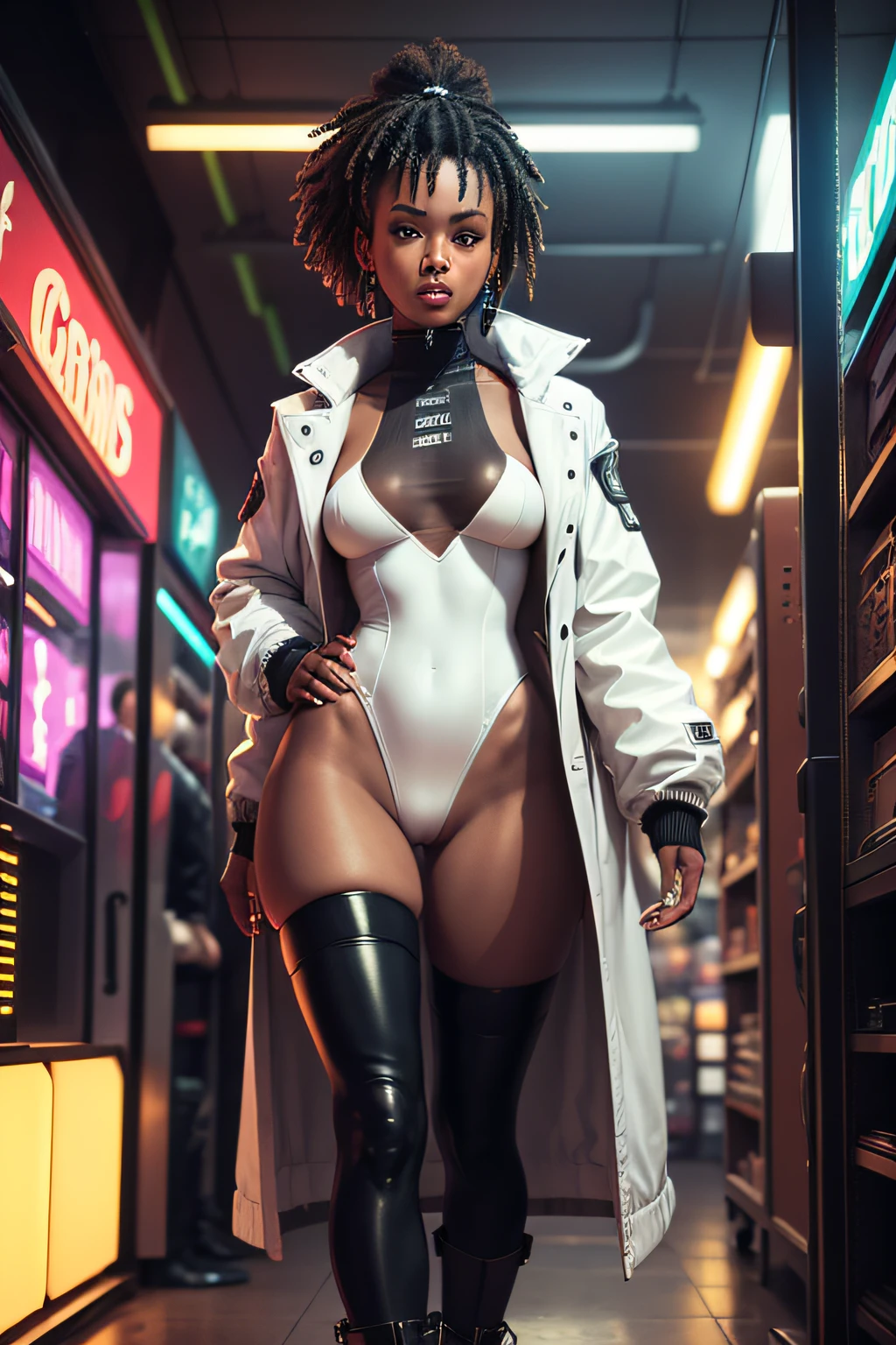camera looking down on toned black woman wearing white sheer leotard and cyberpunk long coat, stockings and combat boots. Standing in a cluttered store selling retro computers and cyberpunk neon signs and lighting