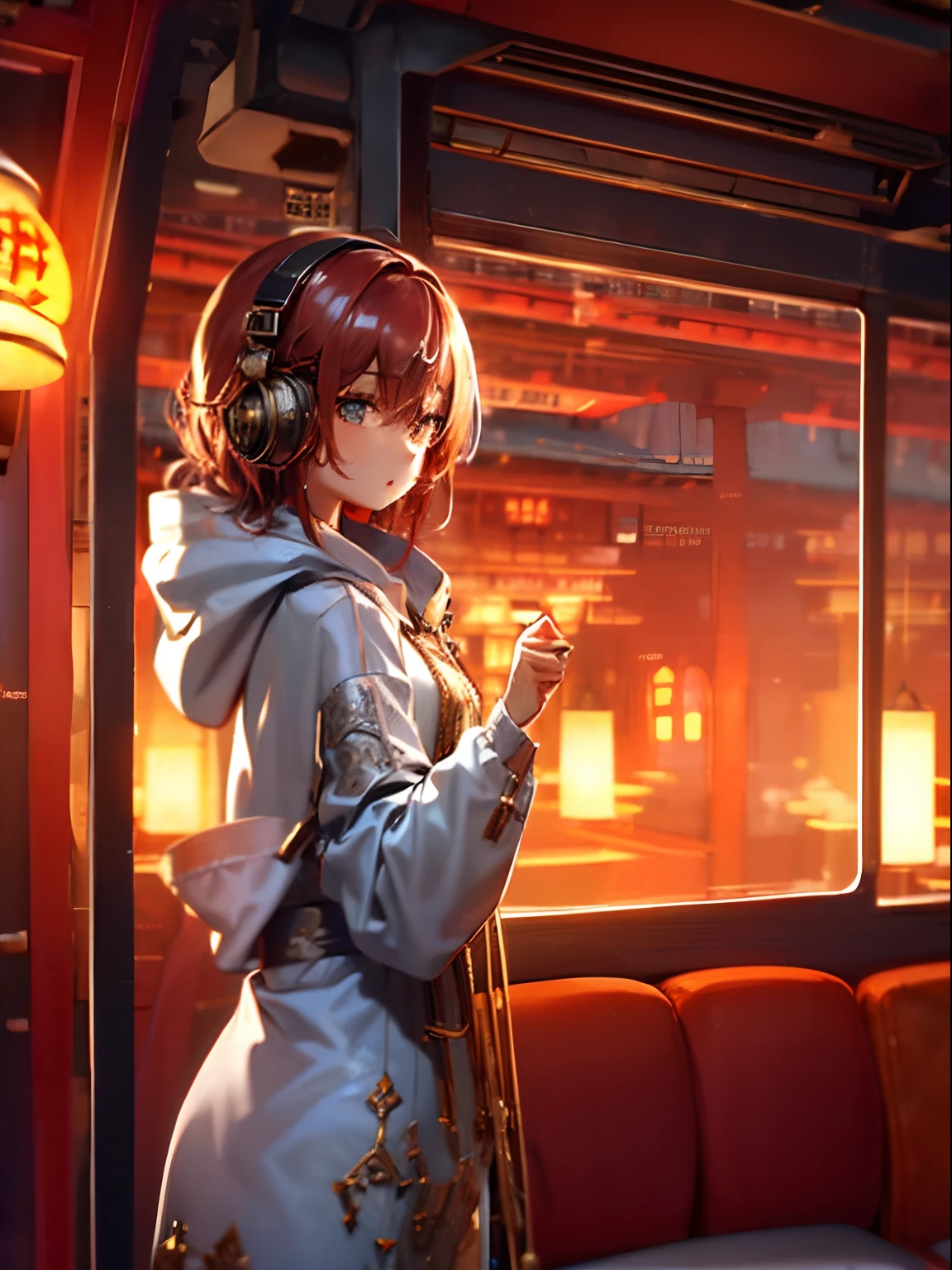 (((1girl in)))、(masuter piece、side lights、ultra-detailliert、inely detailed beautiful eyes: 1.2)、1girl in、bags、buliding、From Side、headphones、hoods、Hood down、hooded jacket、parka、jaket、long、orange color hair、profile、redhair、独奏、Train、inside of a car、The upper part of the body、​masterpiece、top-quality