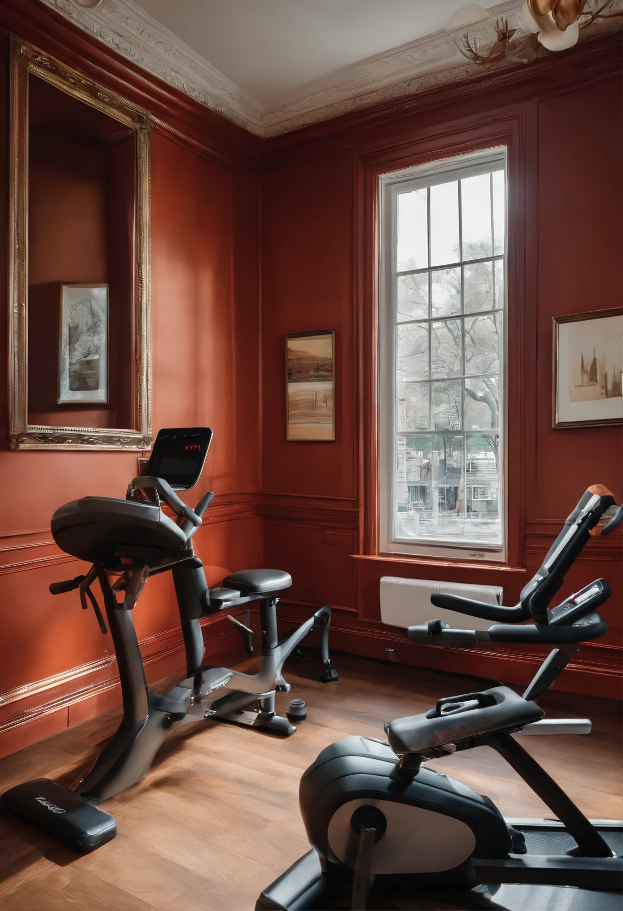 Elegant space,bright,European style wainscoting,There is a variety of fitness equipment,River view from the window