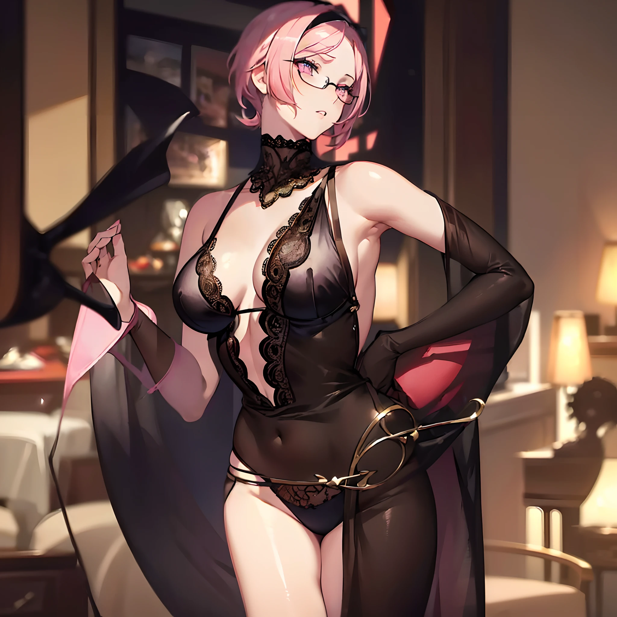 Anime,(masterpiece:1.5), (bestquality), highlydetailed, ultra-detailed, short hair,Half updo,pink hair, silver eyes,hairband,glasses,hair_bow,cute girl,small breasts,(a girl in lingerie, seductively posed, with beautiful detailed eyes, beautiful detailed lips, and long eyelashes), (lingerie, silk fabric, lace patterns, silky textures), (soft lighting, warm tones, gentle shadows), (best quality, ultra-detailed, realistic), (provocative, alluring, sensual poses), (erotic art, boudoir photography, intimate moments), (vivid colors, rich hues, delicate color gradients), (shimmering highlights, soft focus, intimate atmosphere)。
