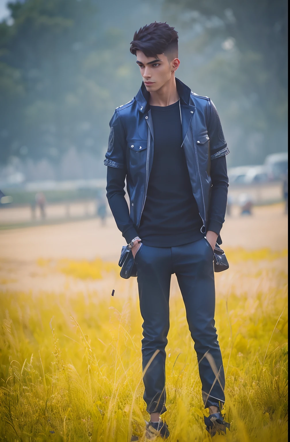 Detetive Especialista, corpo inteiro, 22 anos, 1.73m de altura, tem um lean, athletic physique with a weight, It has a striking appearance, cara bonita, cabelos pretos, olhos azuis, wears a black leather jacket with front zipper, mangas compridas e gola alta, Por baixo da jaqueta, ele veste uma camisa branca, Stylish wristwatch with a brown leather strap and an analog dial.
