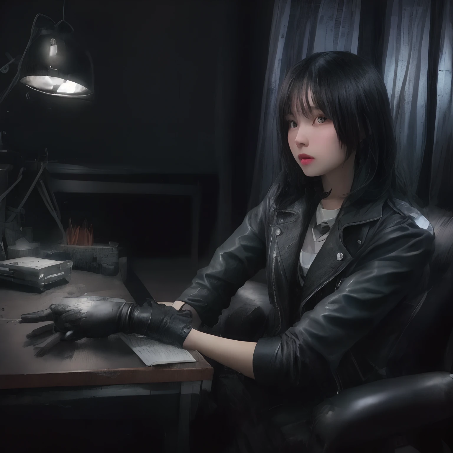 Wearing black leather gloves up to the fingertips in both hands, upper body, black leather double riders jacket, slender necklace, young and cute Japanese girl with beautiful black hair, sitting on a black leather chair facing the desk in the boss's empty room at night, aligning both hands with black leather gloves on the desk