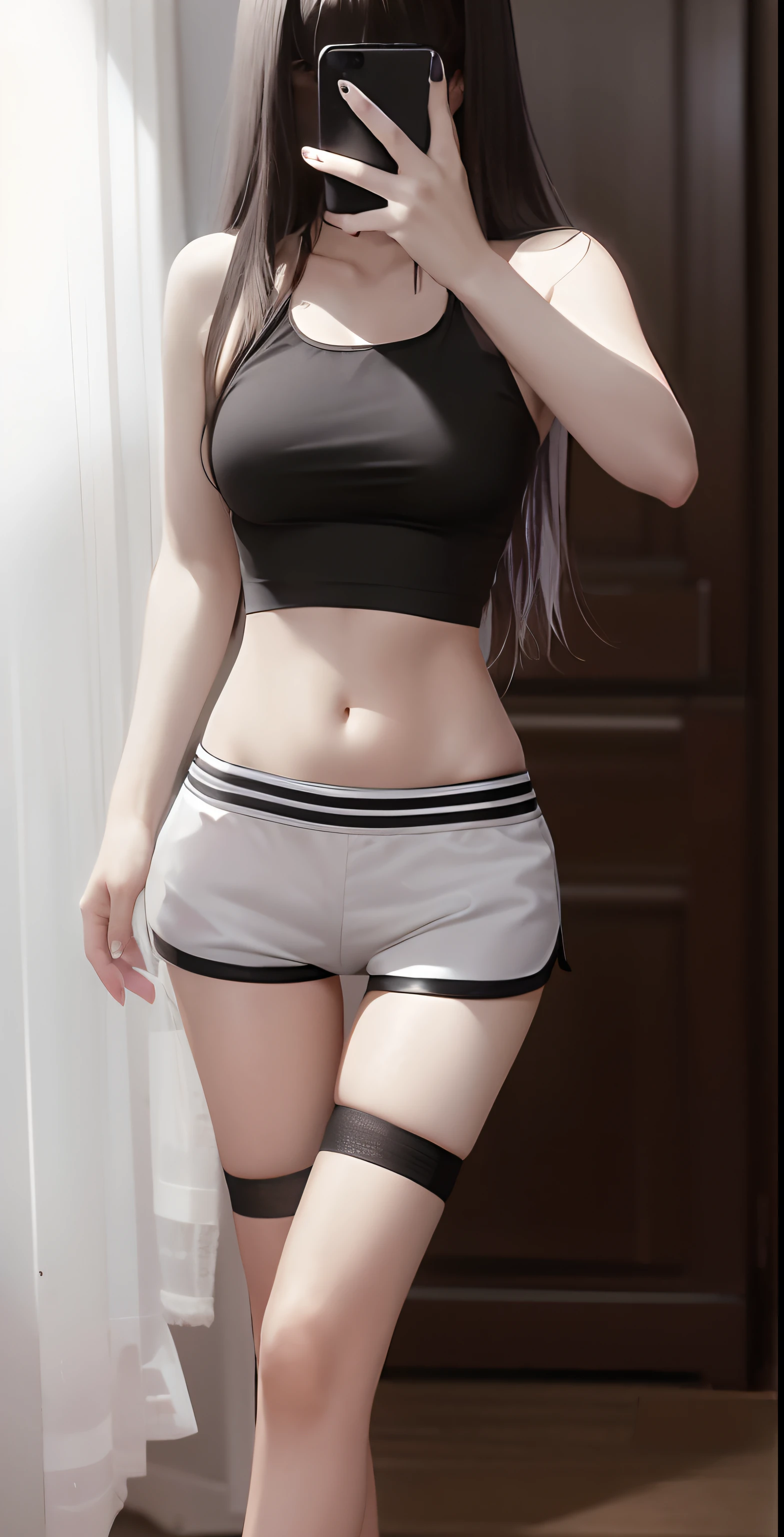 Arapei woman taking a selfie wearing a white vest and black shorts, sexy girl wearing shorts, sexy black shorts, is wearing a shorts, photo of slim girl model, sport bra and shorts, shorter pants, Bra and shorts streetwear, fit dainty figure, tight black tank top and shorts, photo of slim girl, cute sportswear, Korean girl, Thin waist