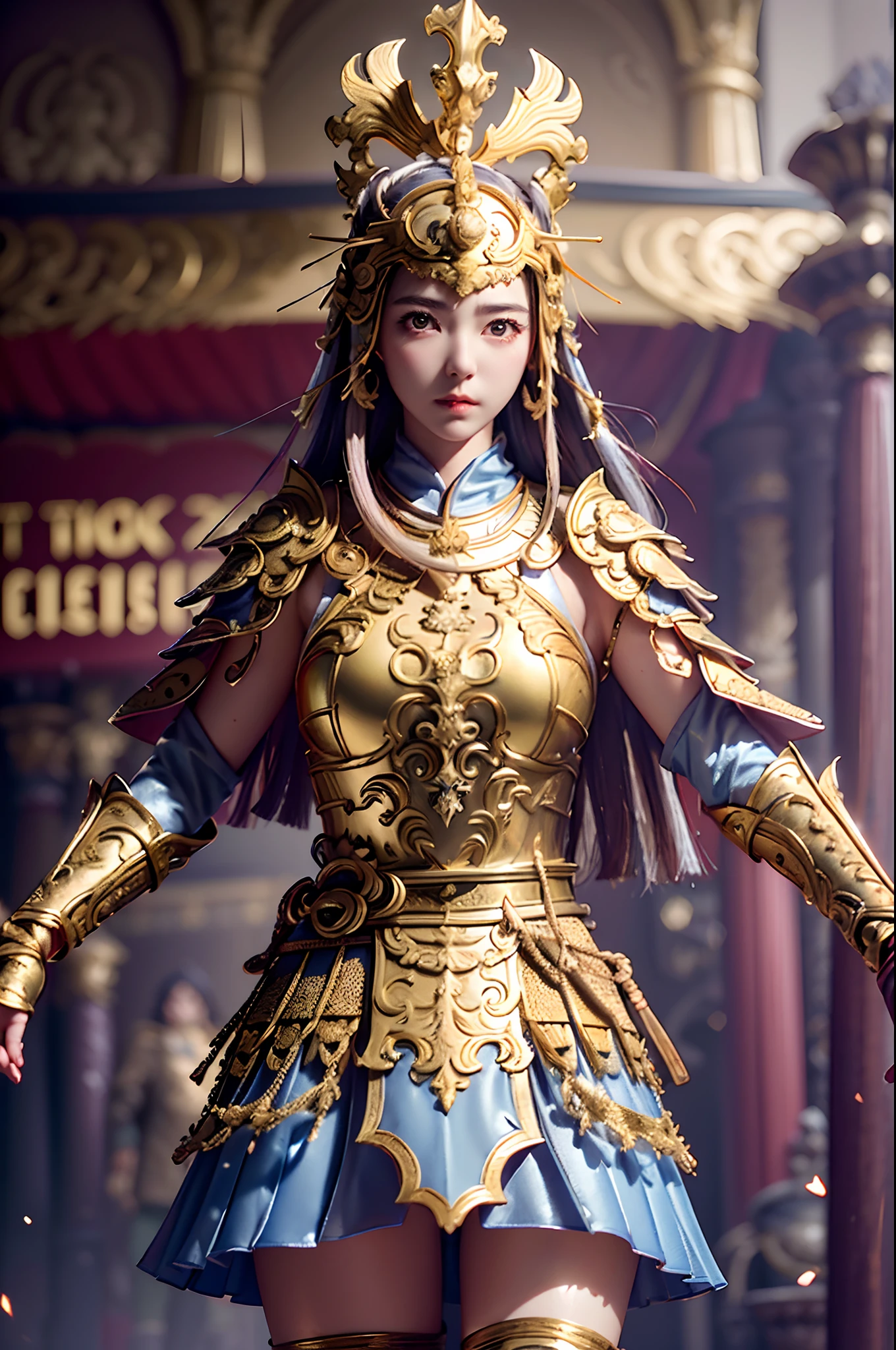 ((masterpiece))), (((best quality))), ((ultra-detailed)), (hyperrealistic), (highly detailed CG illustration), cinematic light, photorealistic ,1girl, gold and silver eaba, dynamic pose, cape, sword, spear, axe